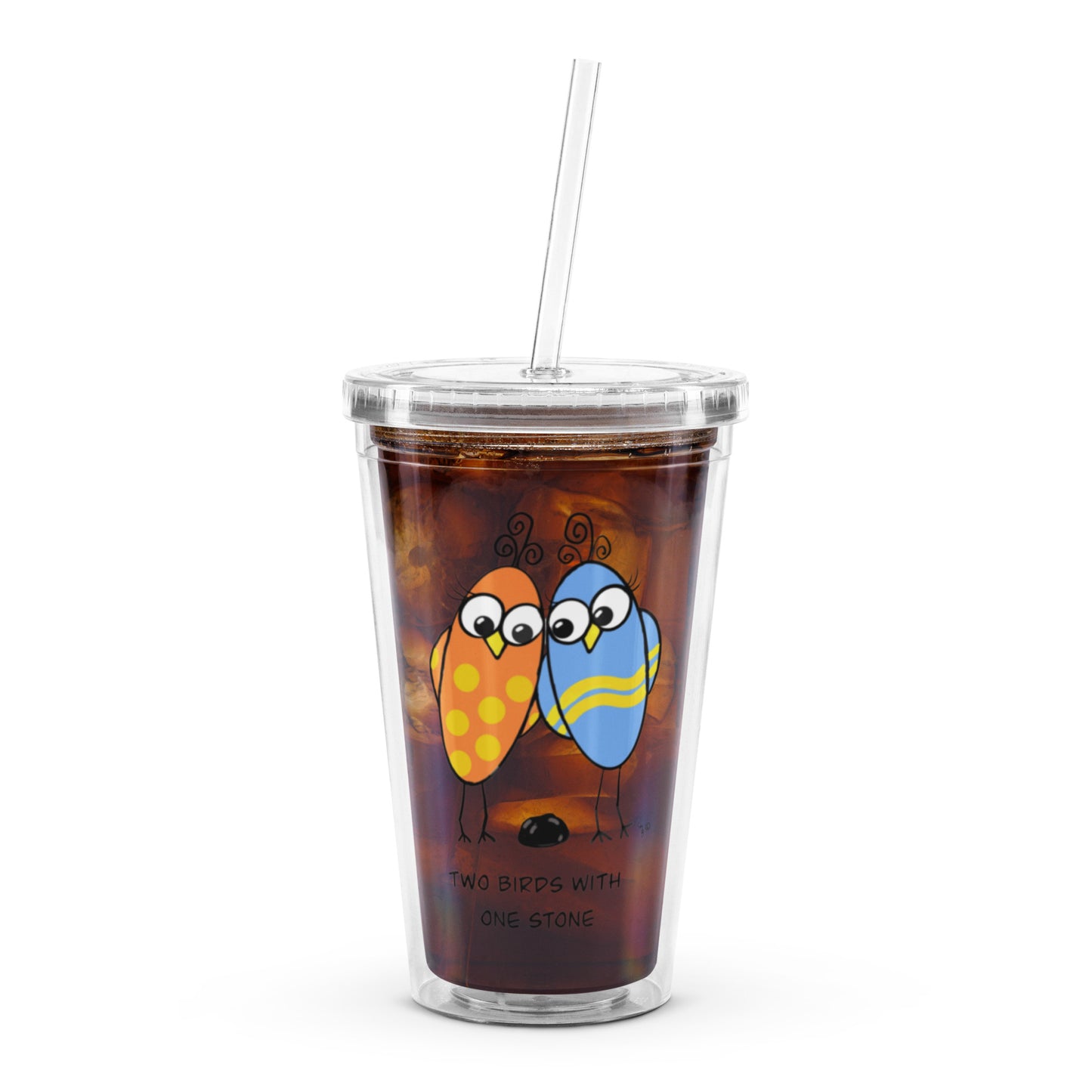 Two Birds with One Stone Clear plastic tumbler from The Quirky Birds Collection