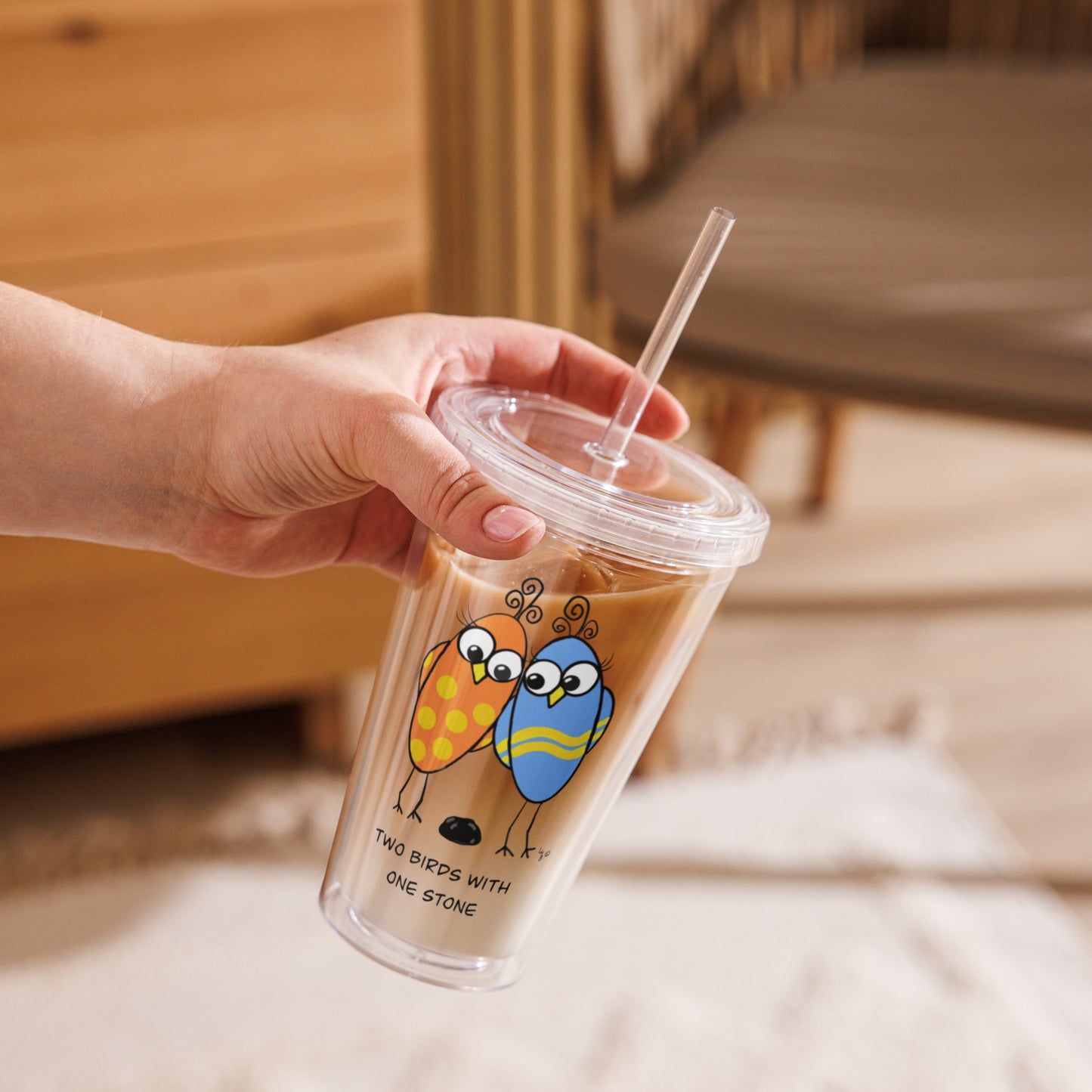 Two Birds with One Stone Clear plastic tumbler from The Quirky Birds Collection