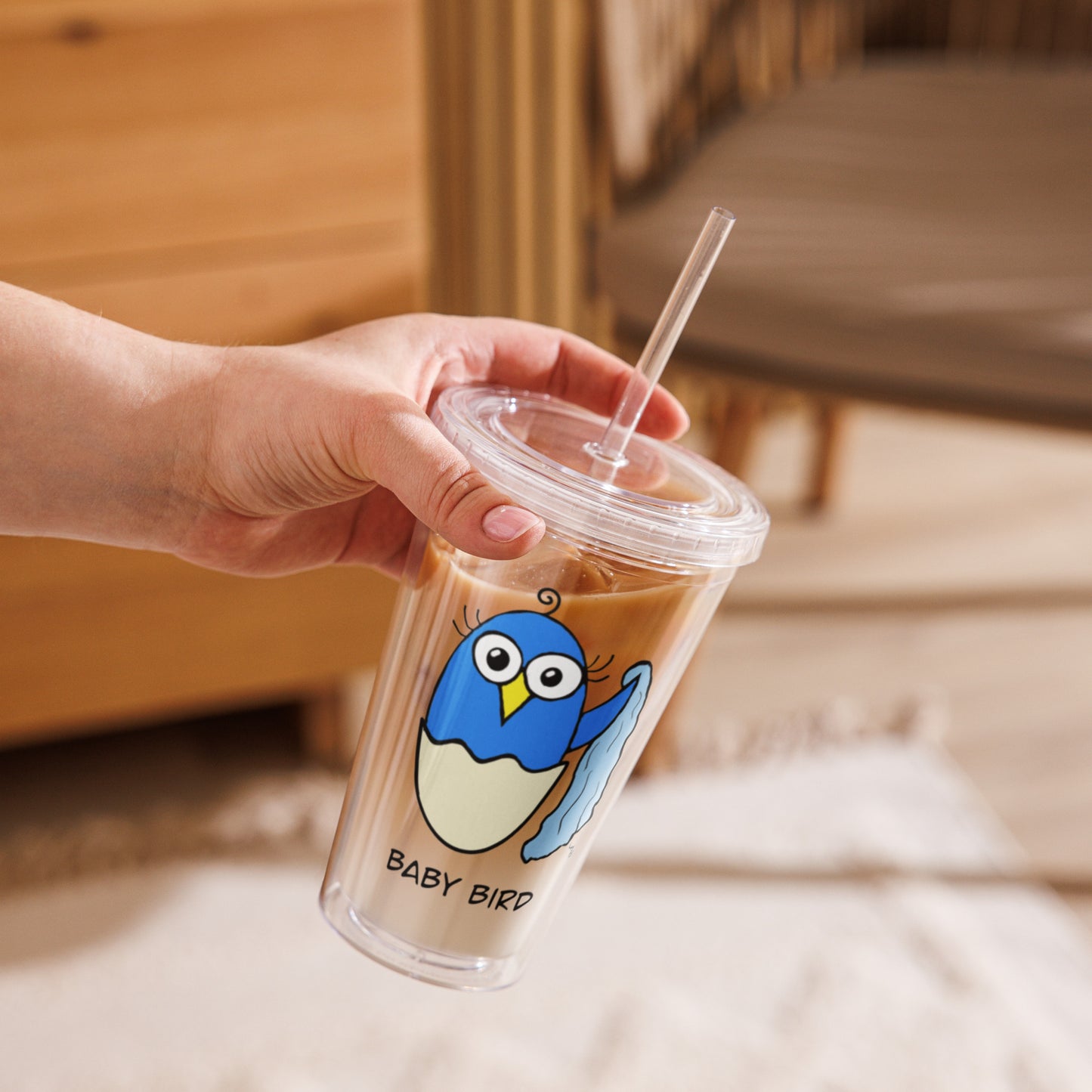 Blue Baby Bird Clear plastic tumbler from The Quirky Birds Collection