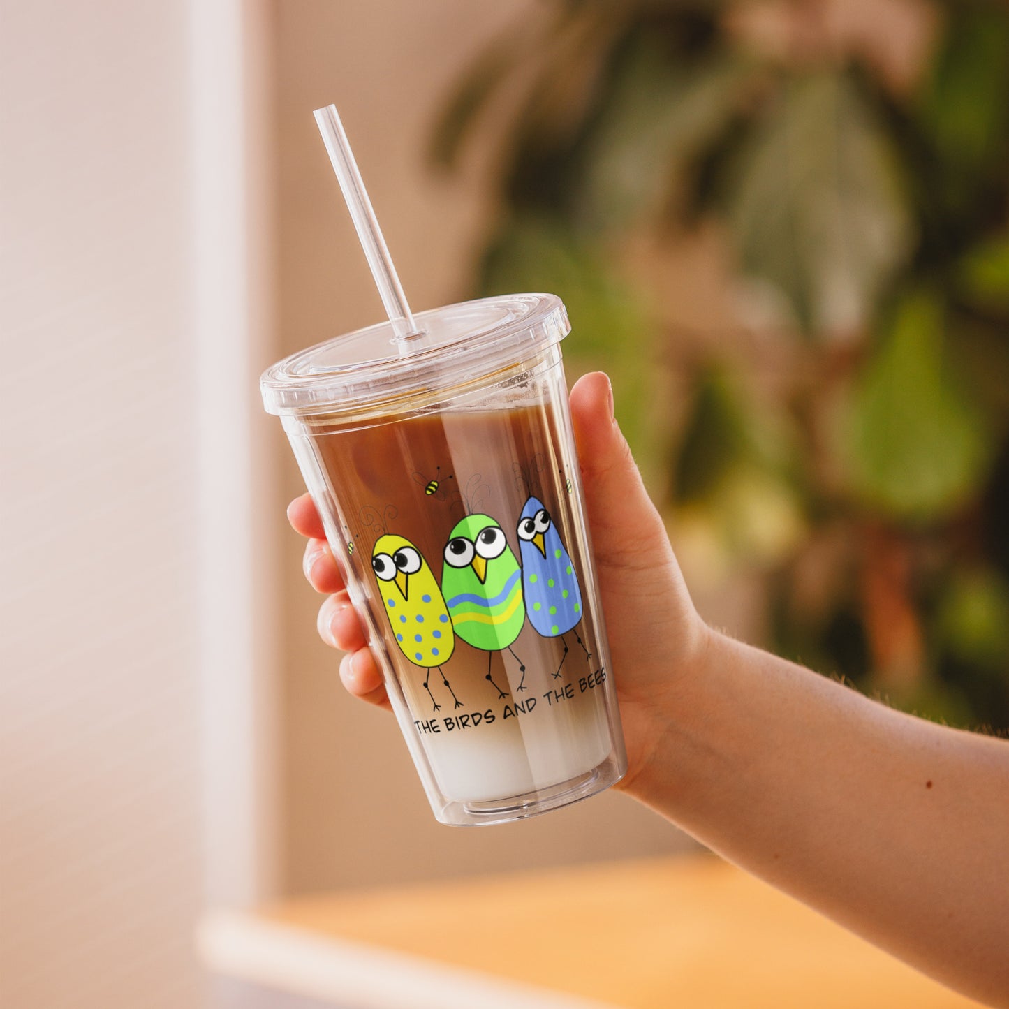 The Birds and The Bees Clear plastic tumbler from The Quirky Bird Collection