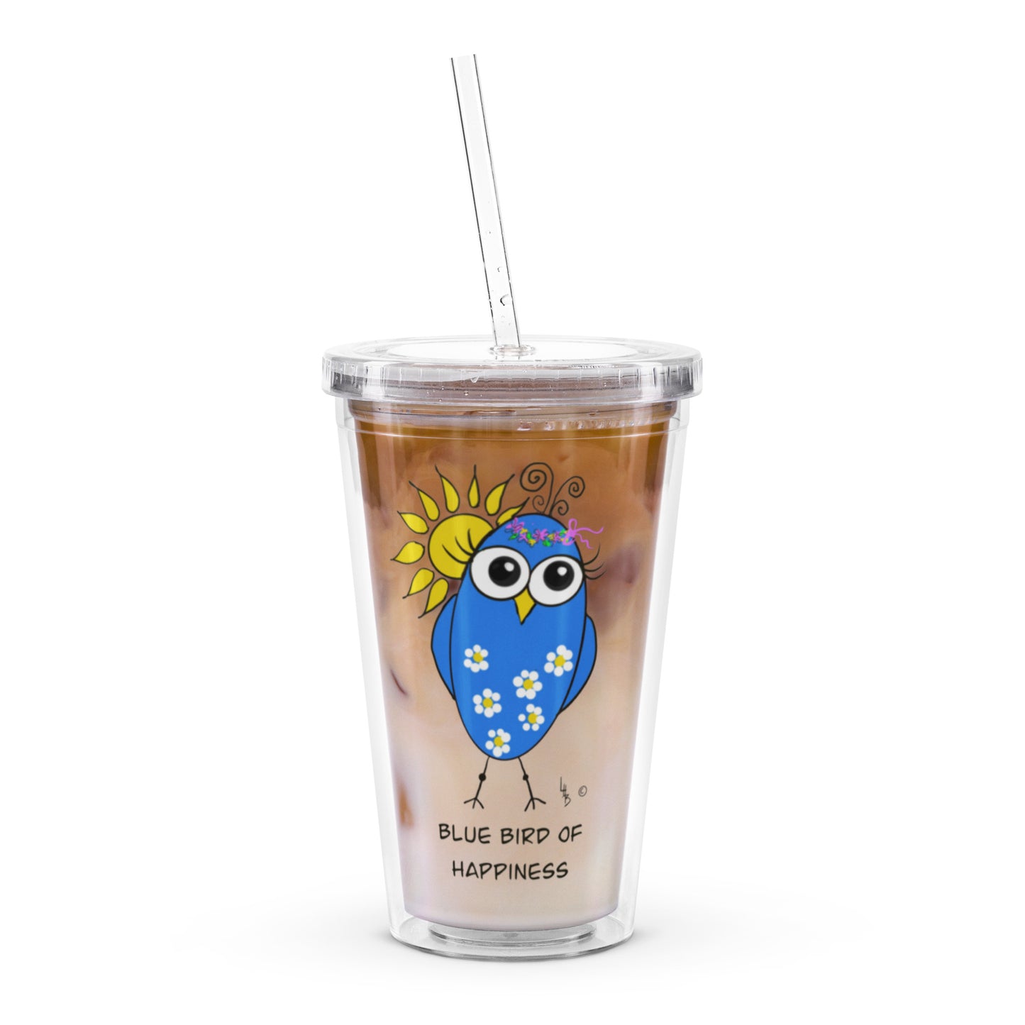 Blue Bird of Happiness Clear plastic tumbler from The Quirky Bird Collection