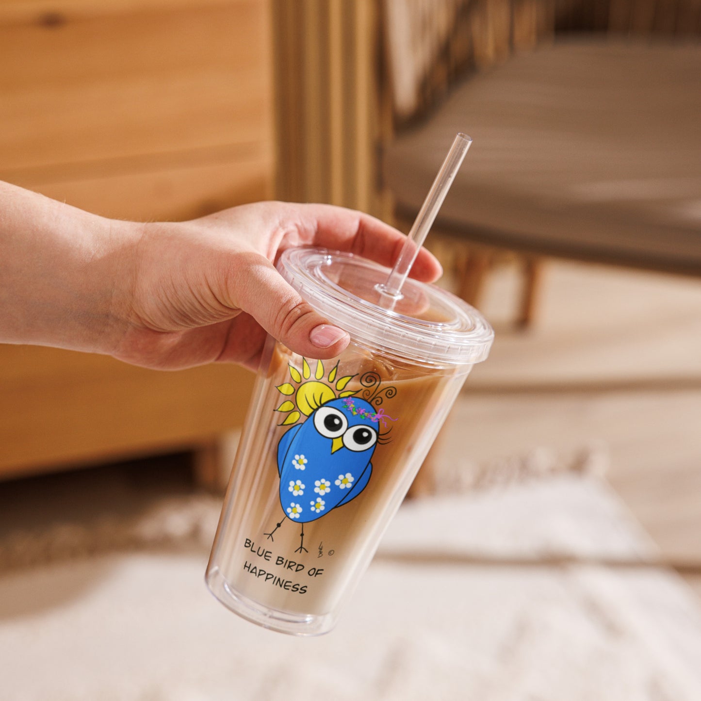 Blue Bird of Happiness Clear plastic tumbler from The Quirky Bird Collection