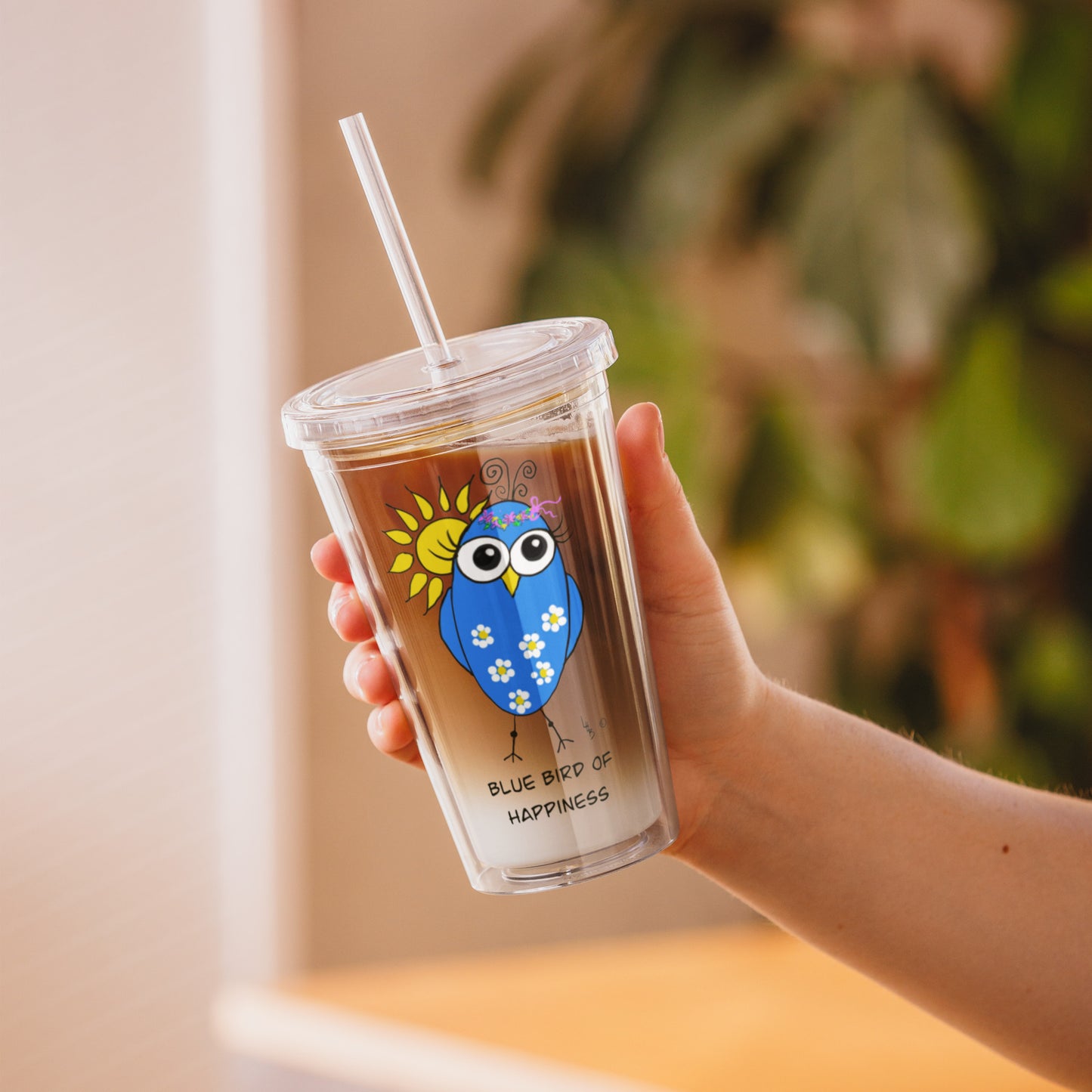 Blue Bird of Happiness Clear plastic tumbler from The Quirky Bird Collection