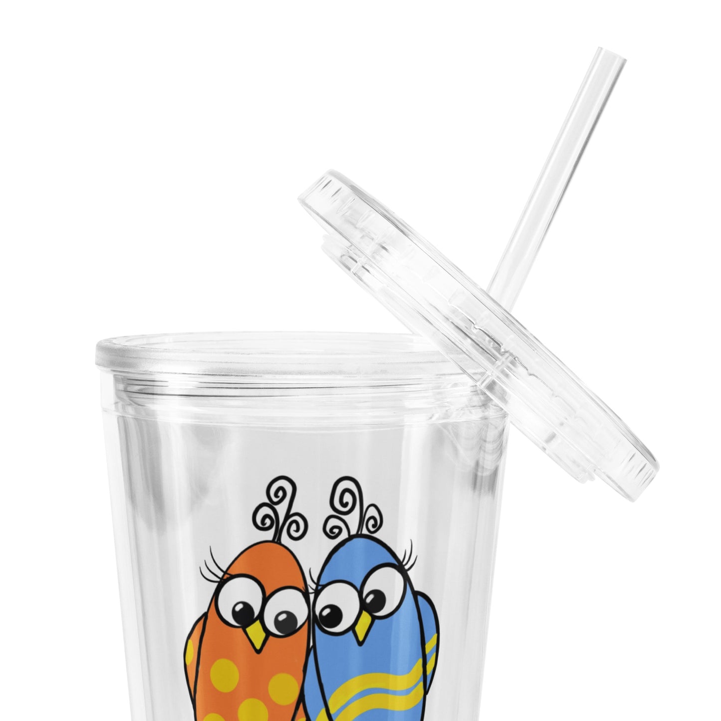 Two Birds with One Stone Clear plastic tumbler from The Quirky Birds Collection