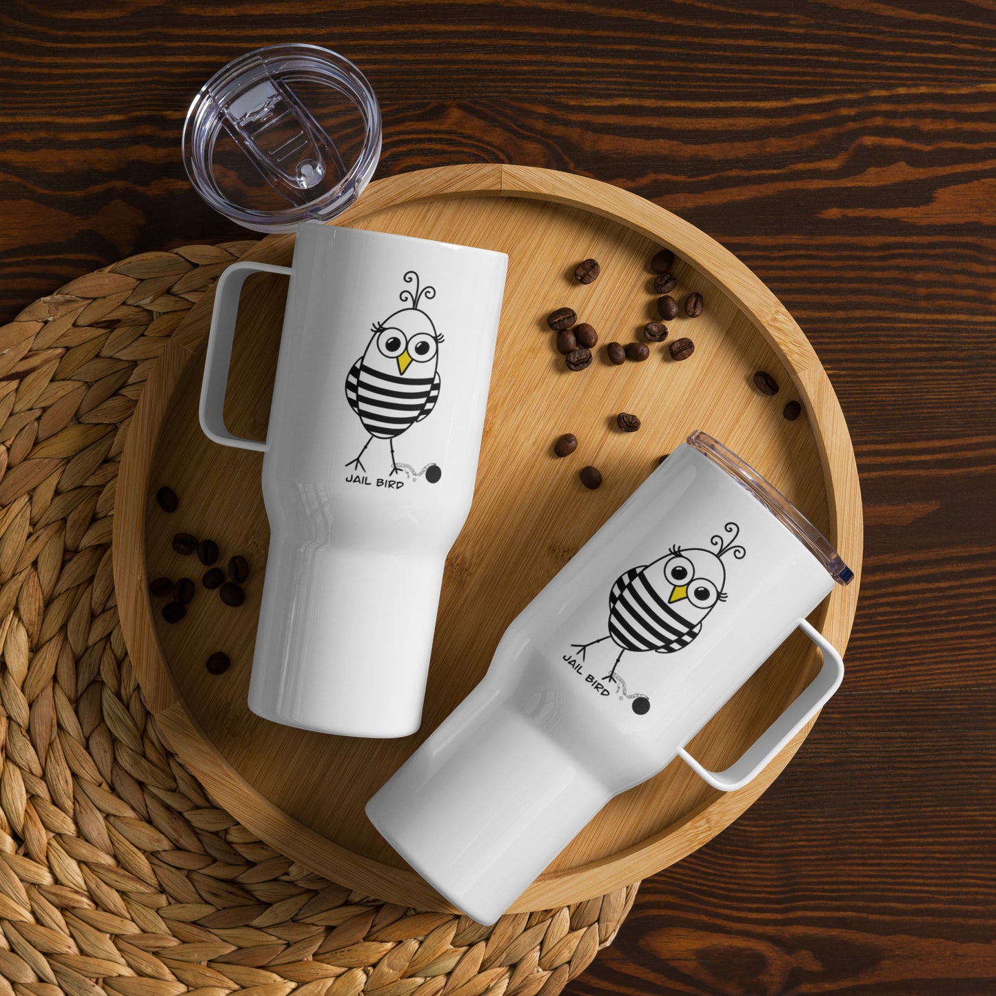 Jail Bird Travel mug with a handle from The Quirky Birds Collection