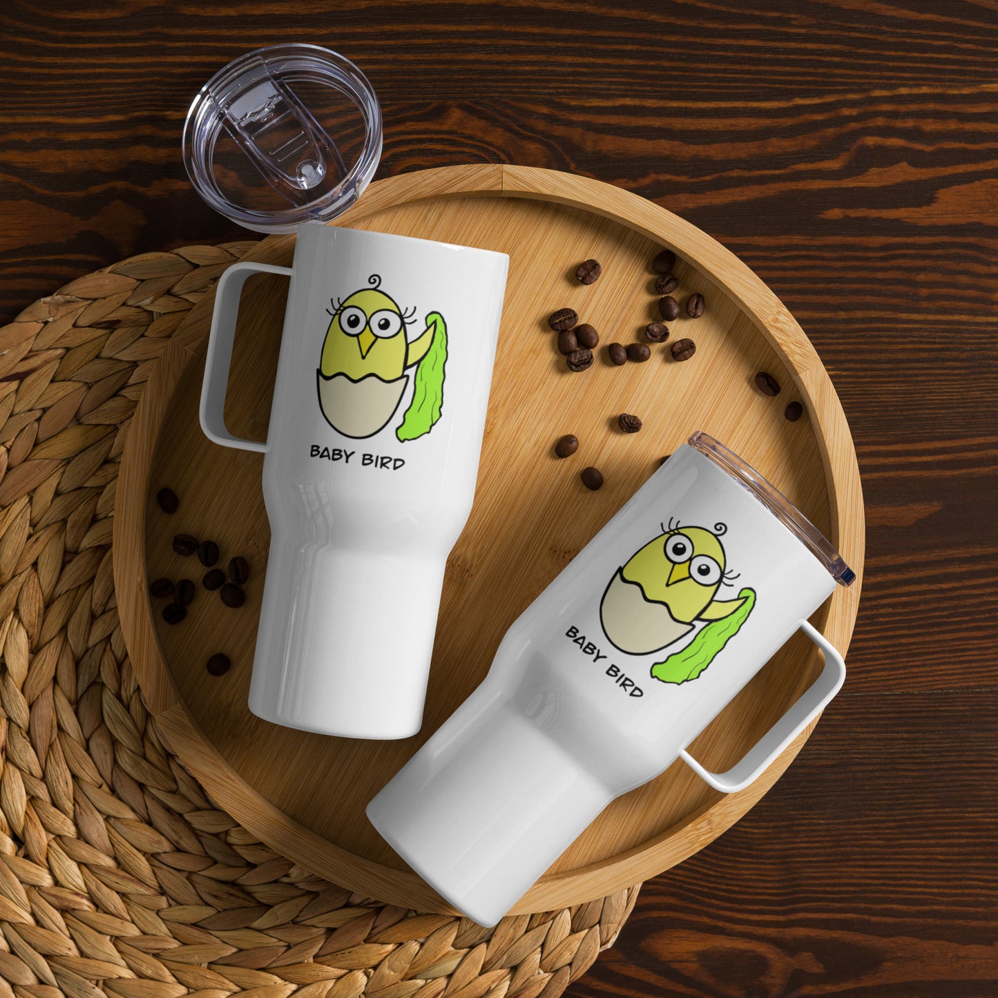 Yellow Baby Bird Travel mug with a handle from The Quirk Birds Collection