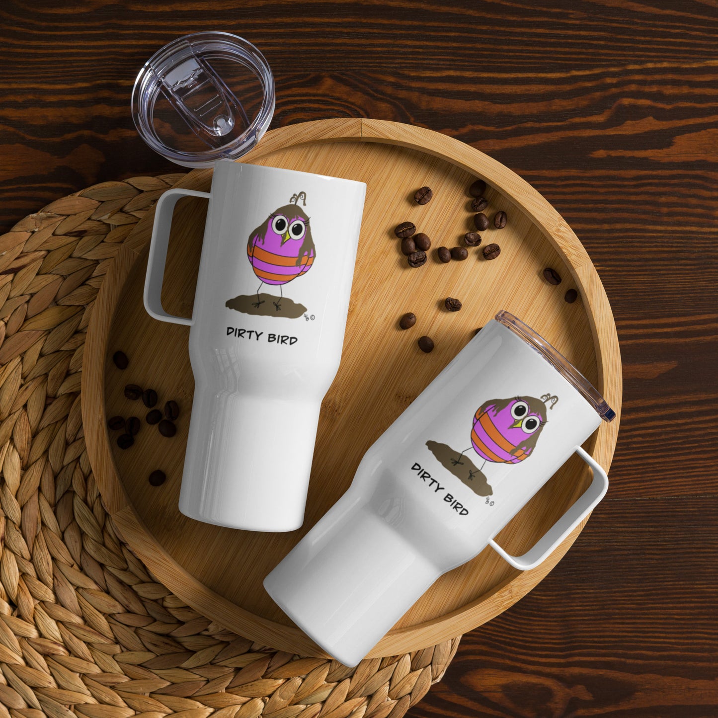 Dirty Bird Travel mug with a handle from The Quirky Birds Collection
