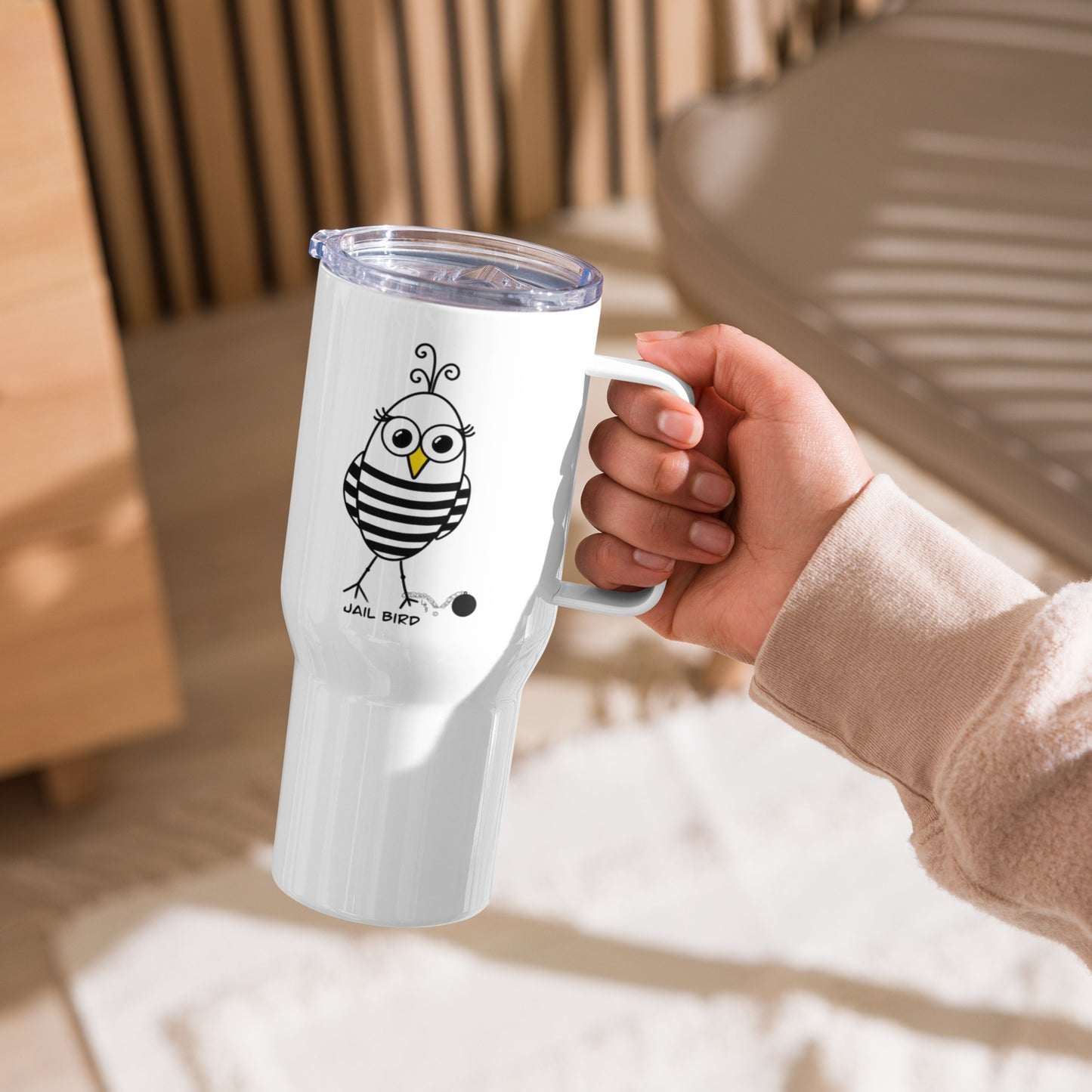 Jail Bird Travel mug with a handle from The Quirky Birds Collection