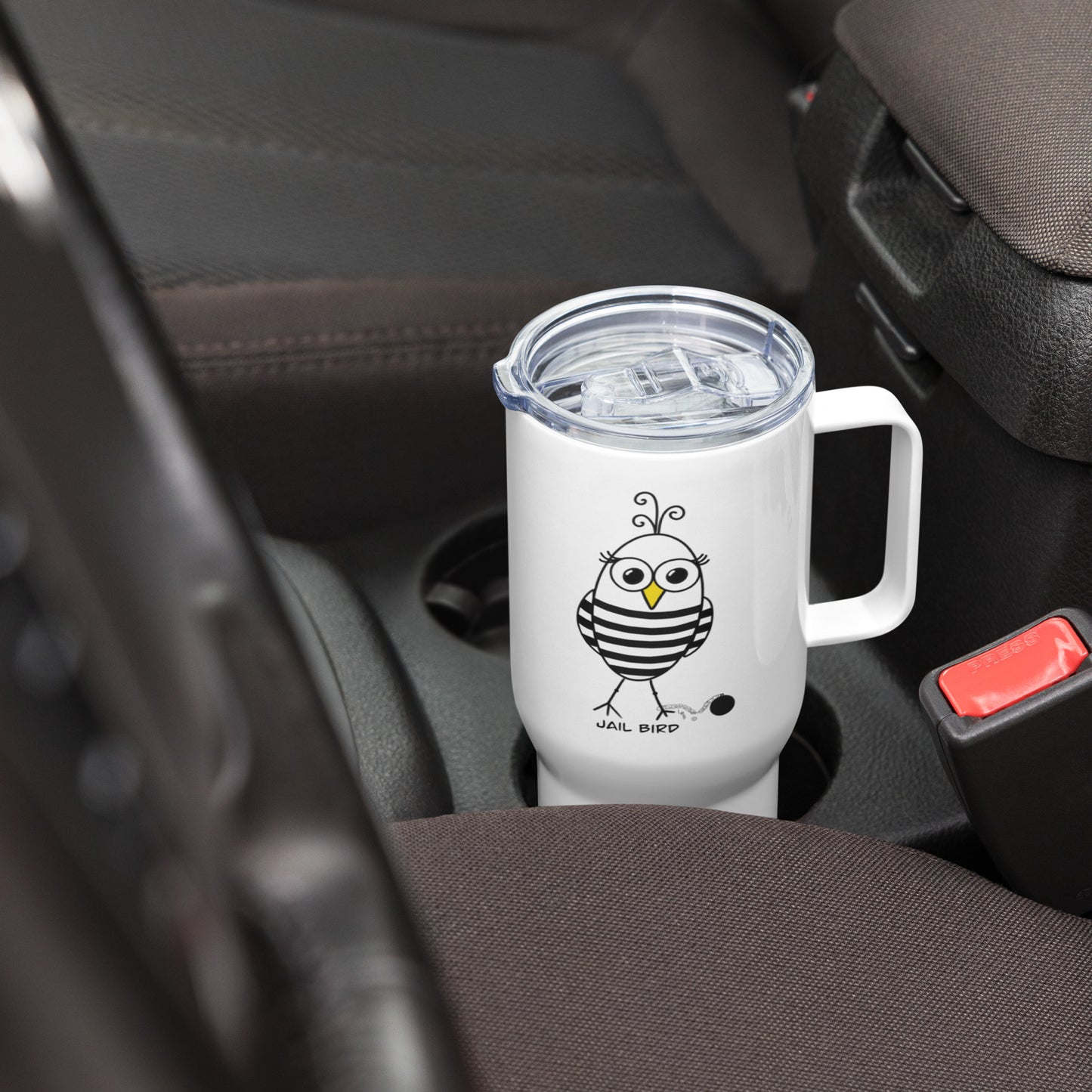 Jail Bird Travel mug with a handle from The Quirky Birds Collection