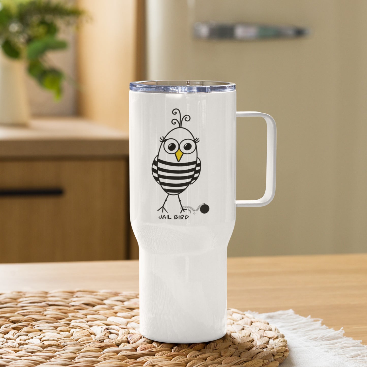 Jail Bird Travel mug with a handle from The Quirky Birds Collection