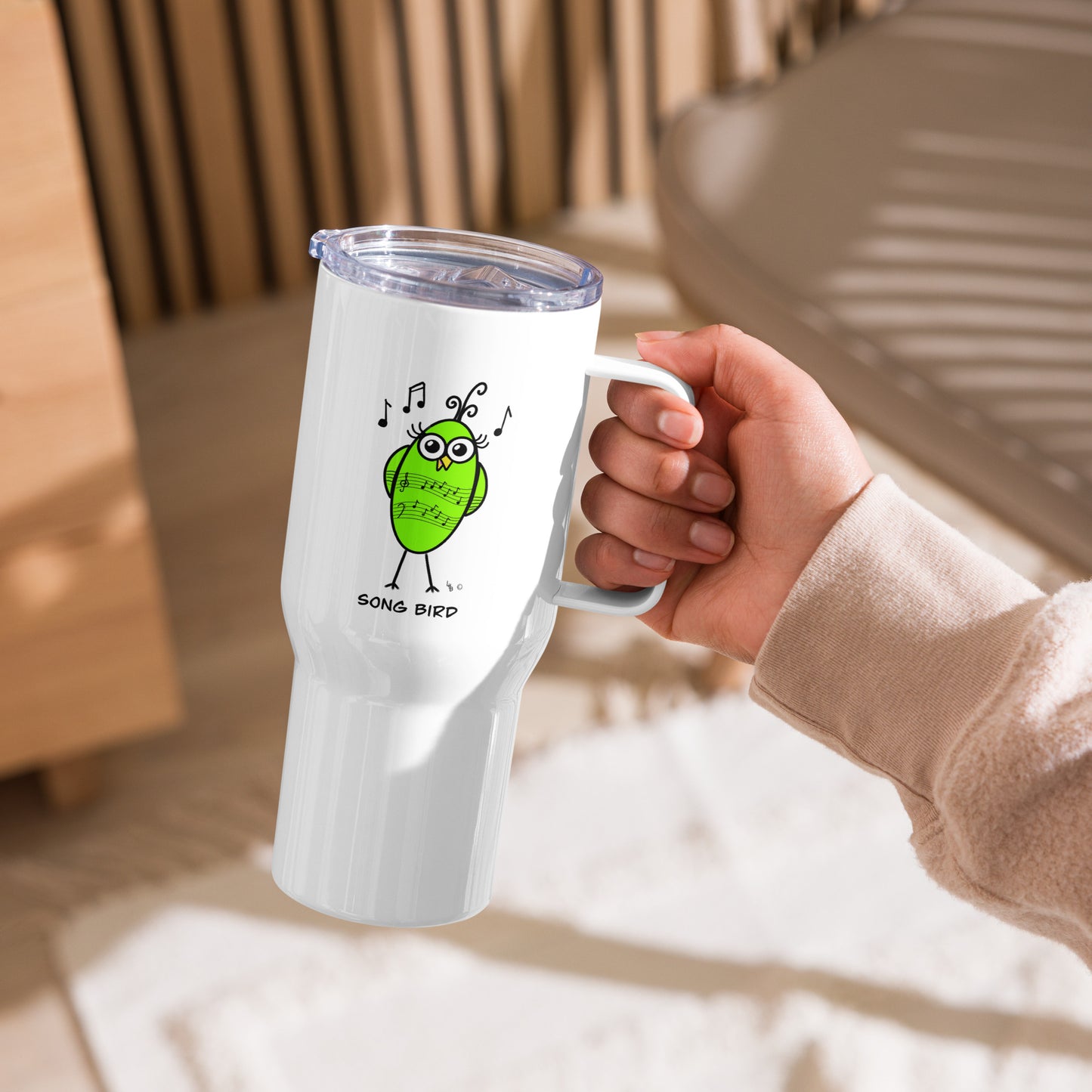 Song Bird Travel mug with a handle from The Quirky Birds Collection