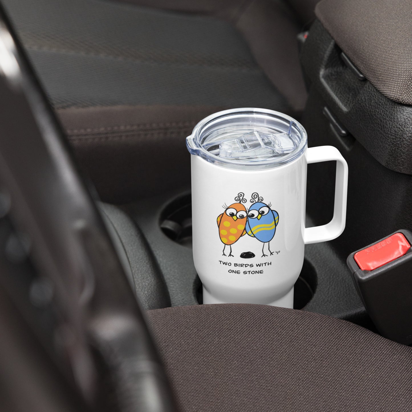 Two Birds With One Stone Travel mug with a handle from The Quirky Birds Collection