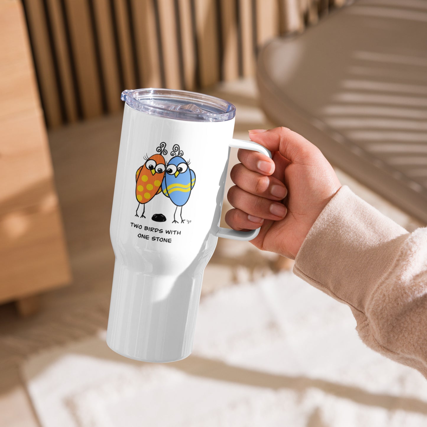 Two Birds With One Stone Travel mug with a handle from The Quirky Birds Collection