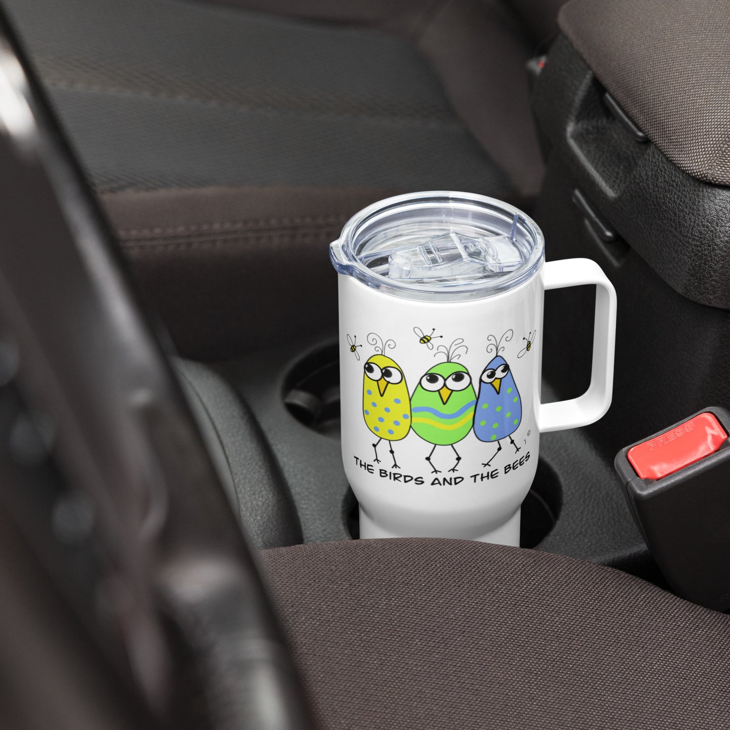 The Birds And The Bees Travel mug with a handle from The Quirky Birds Collection