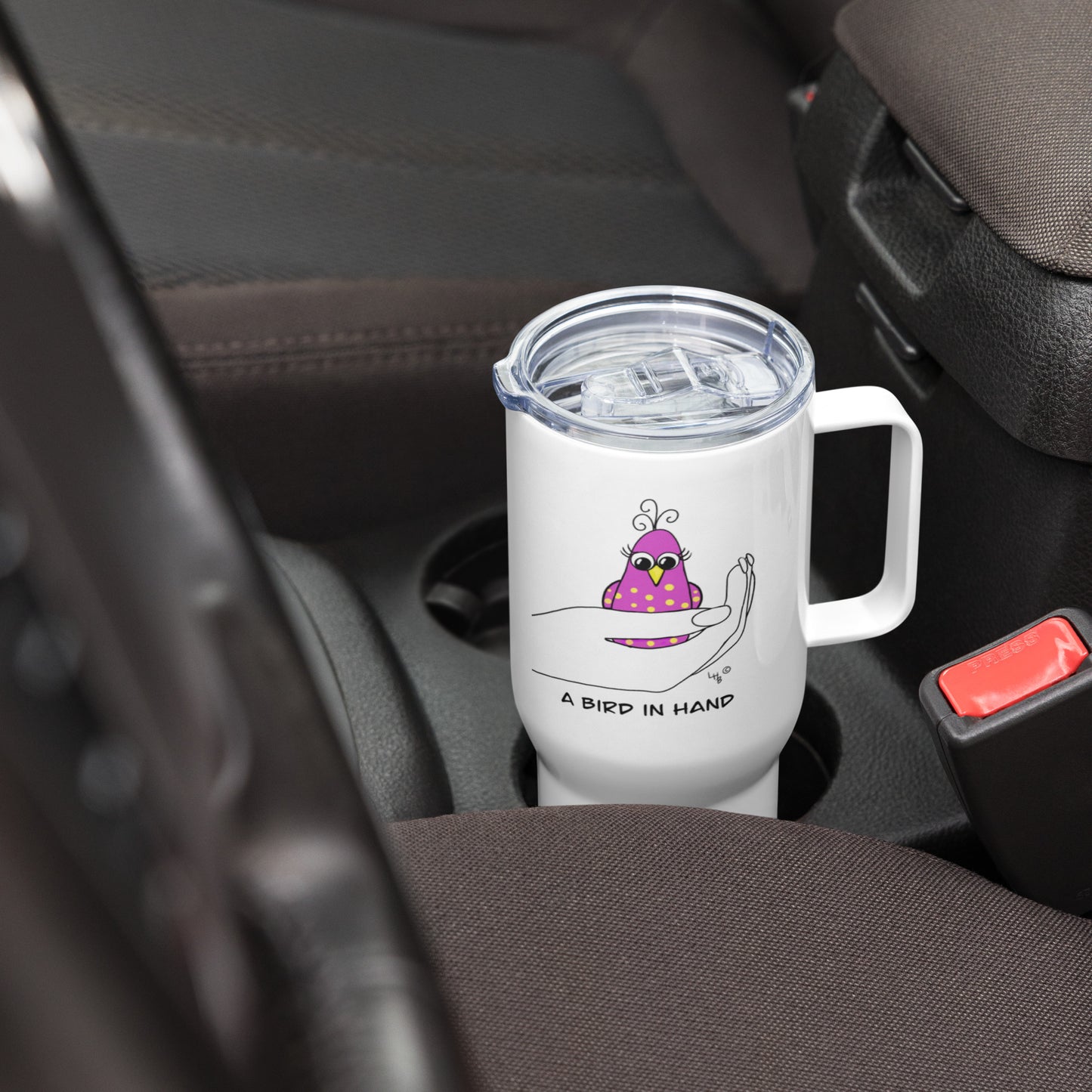 A Bird in Hand Travel mug with a handle from The Quirky Birds Collection