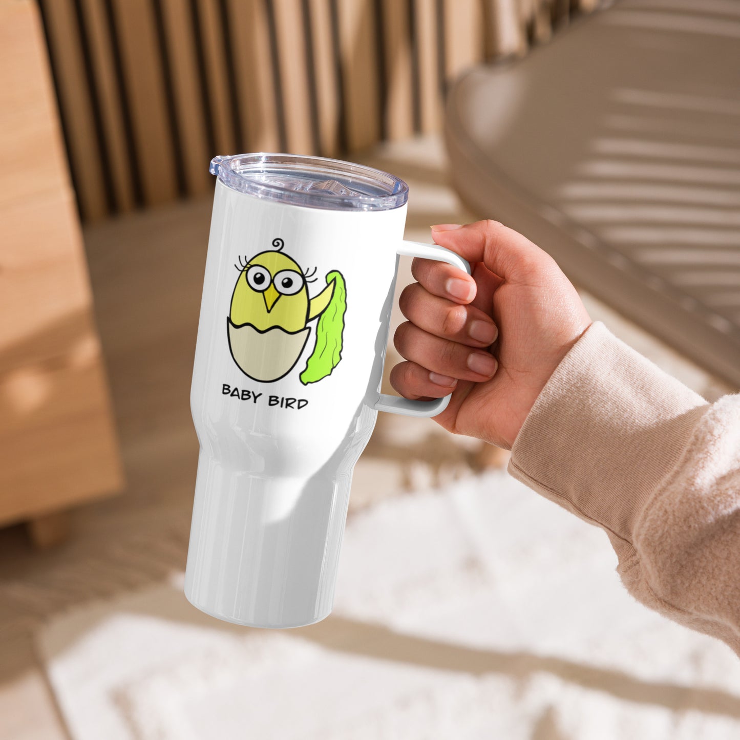 Yellow Baby Bird Travel mug with a handle from The Quirk Birds Collection