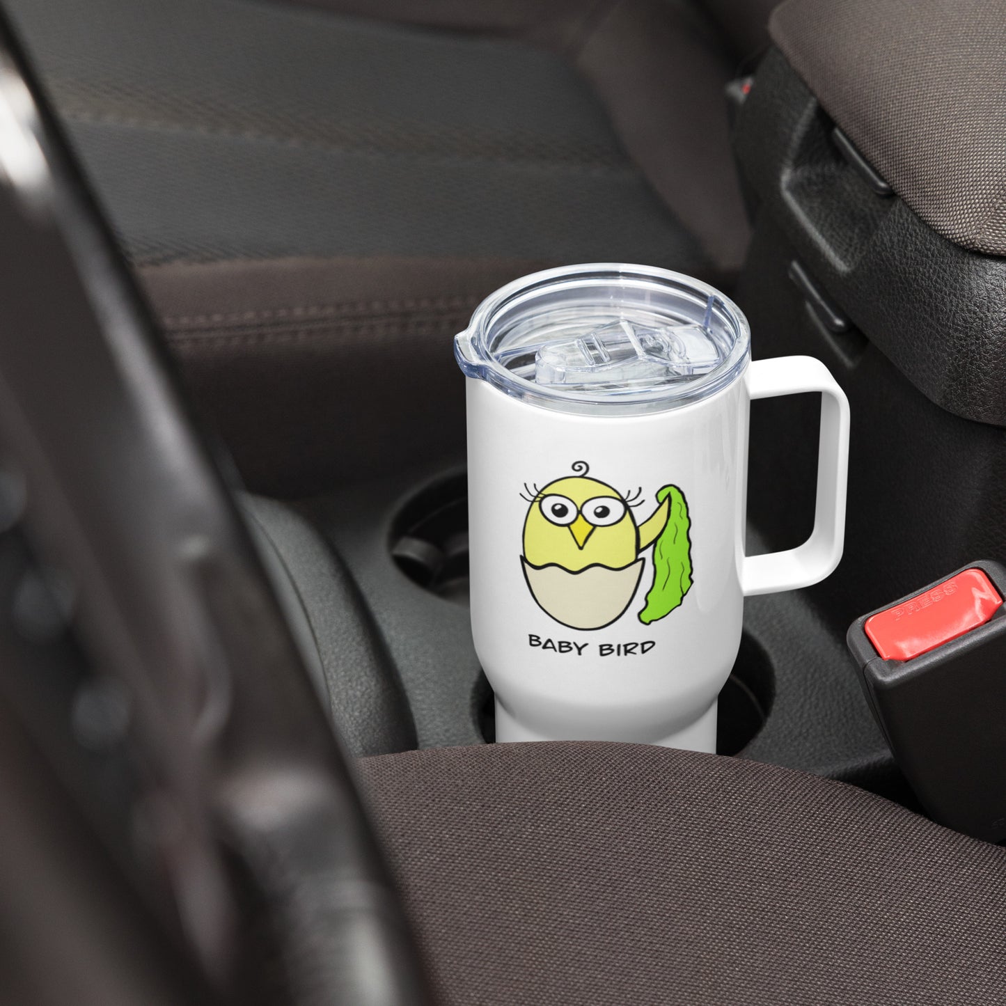 Yellow Baby Bird Travel mug with a handle from The Quirk Birds Collection
