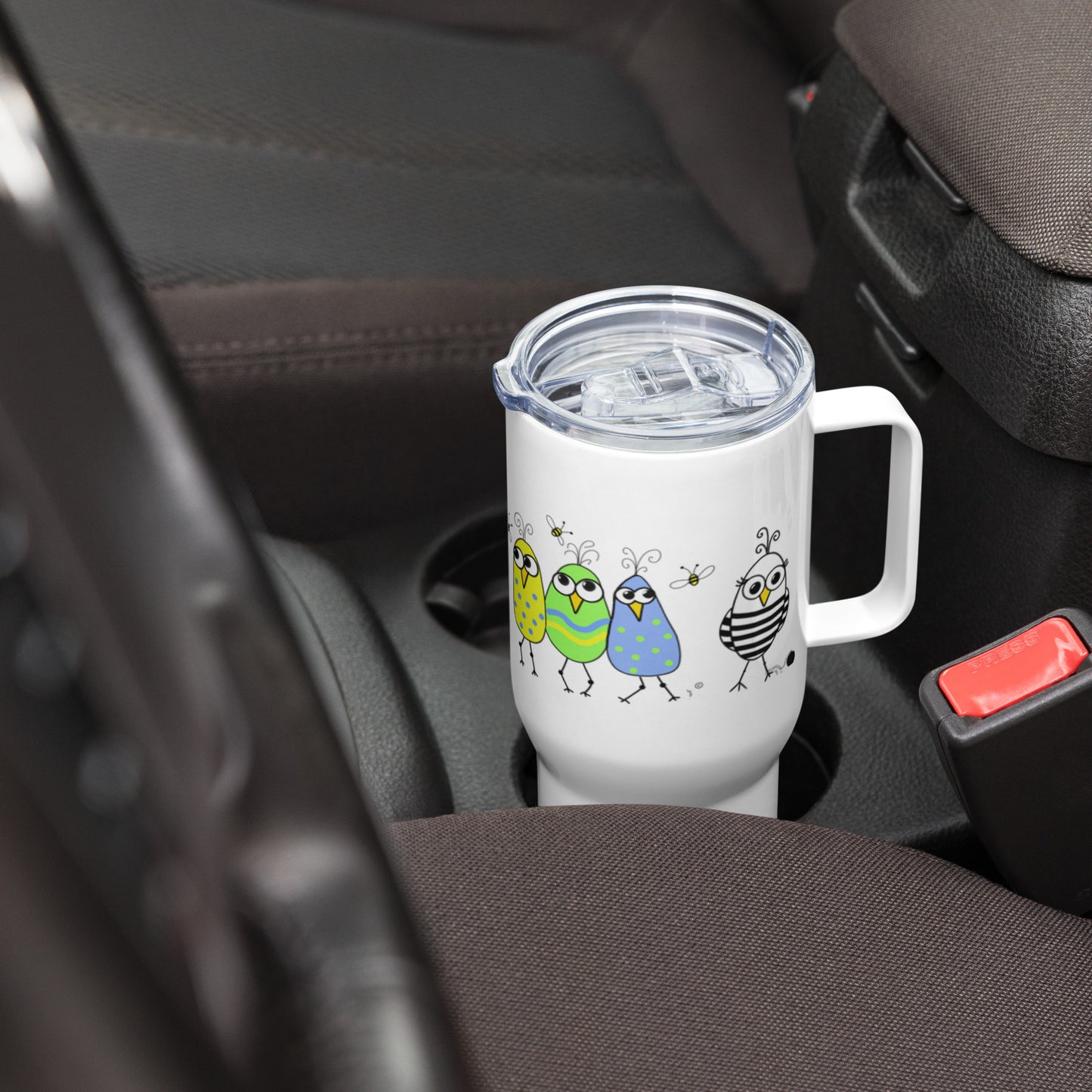 Birds of a Feather Travel mug with a handle from The Quirky Birds Collection