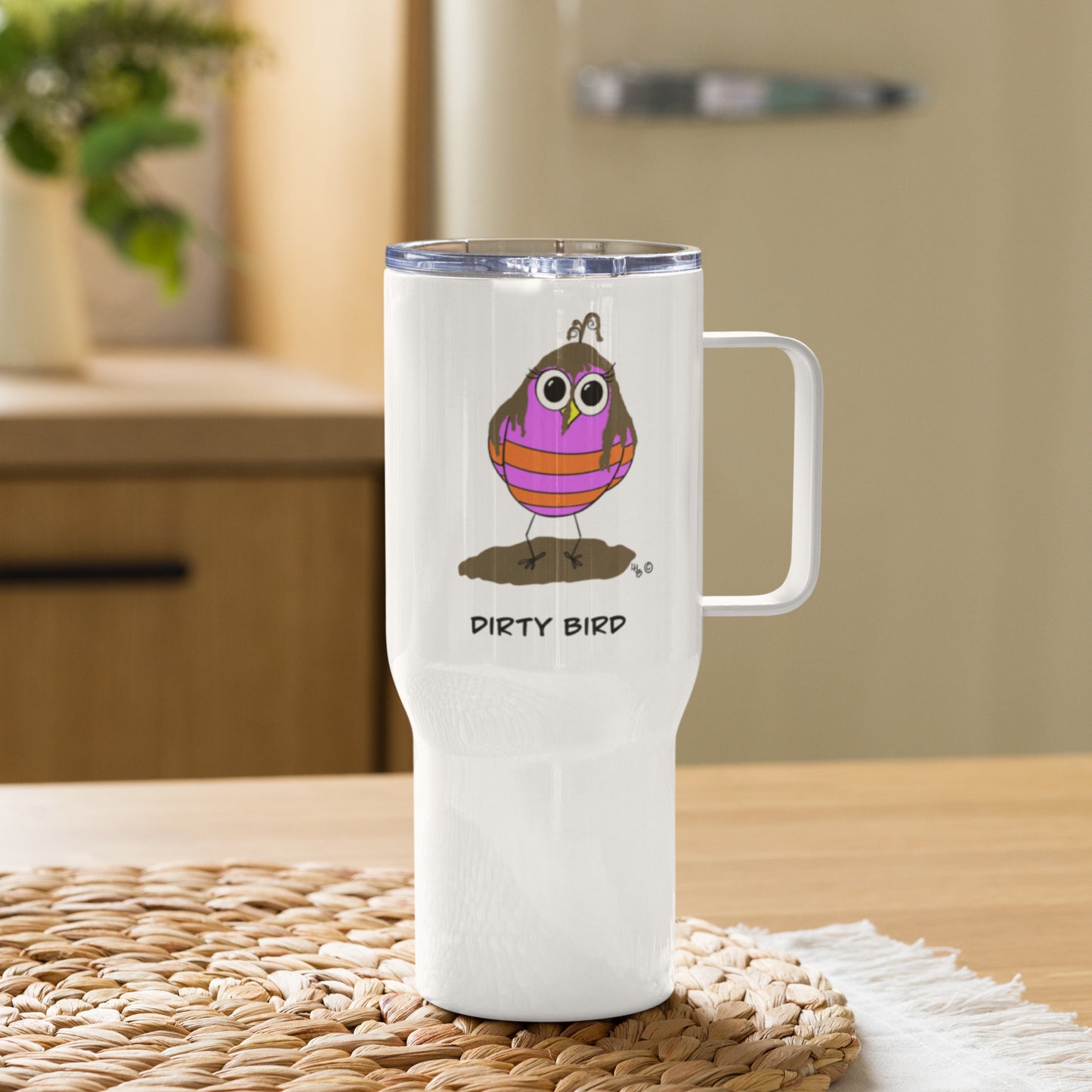 Dirty Bird Travel mug with a handle from The Quirky Birds Collection