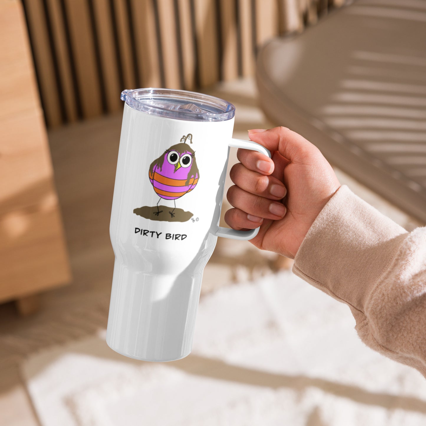 Dirty Bird Travel mug with a handle from The Quirky Birds Collection