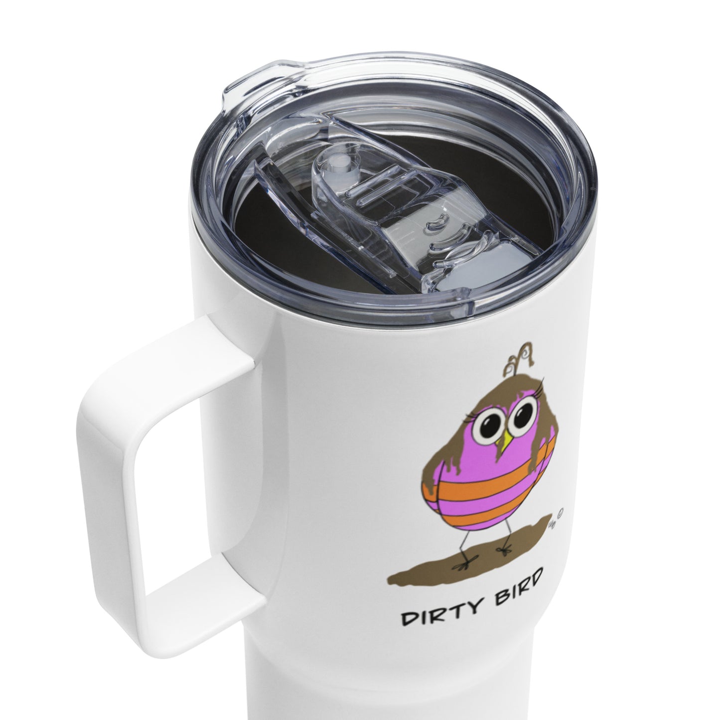 Dirty Bird Travel mug with a handle from The Quirky Birds Collection