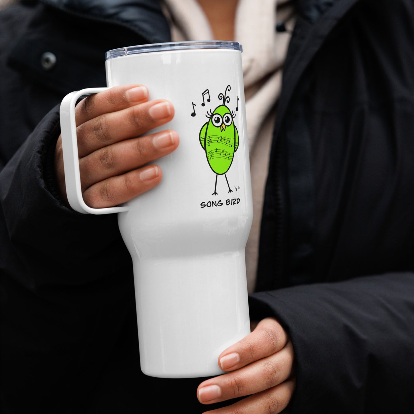 Song Bird Travel mug with a handle from The Quirky Birds Collection