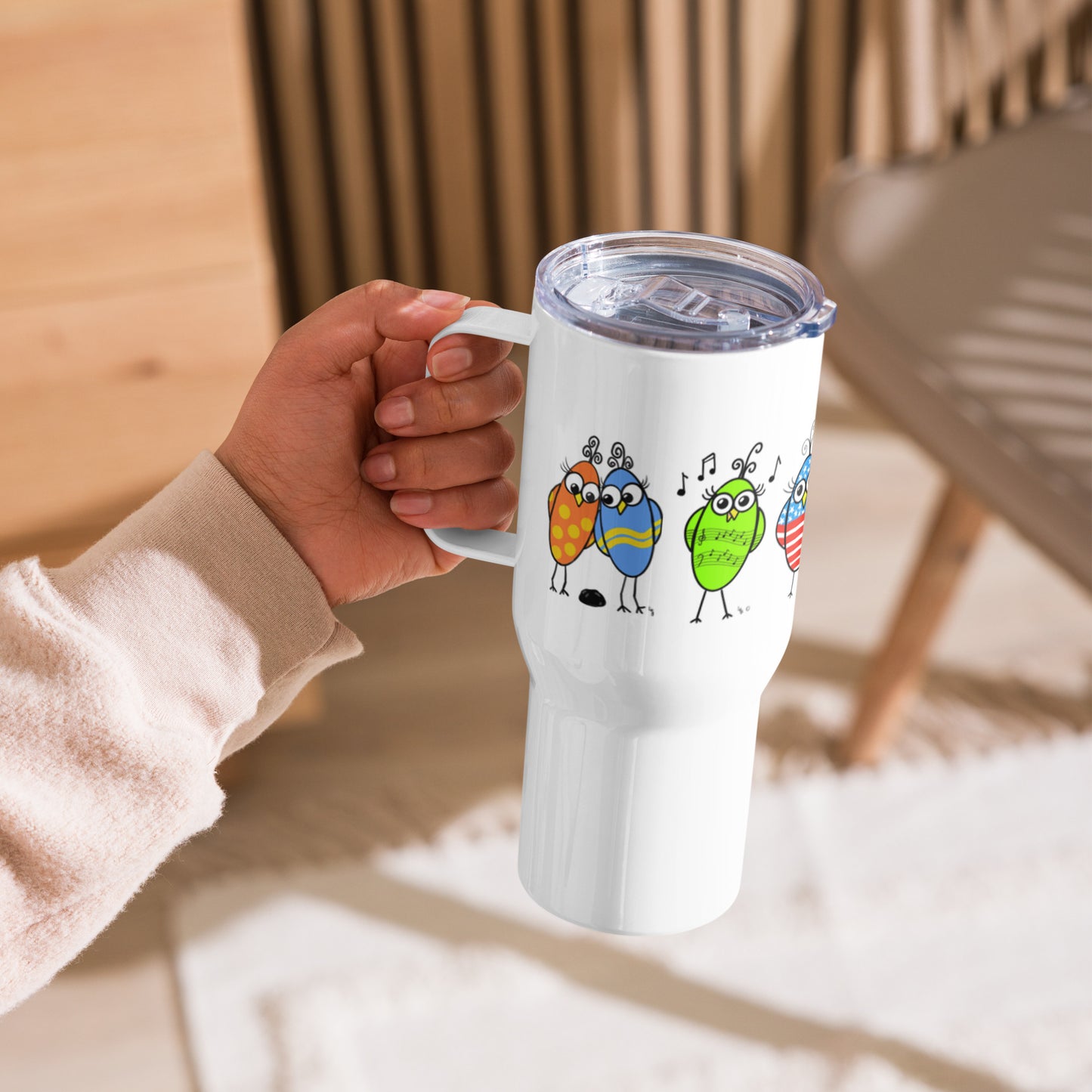 Birds of a Feather Travel mug with a handle from The Quirky Birds Collection