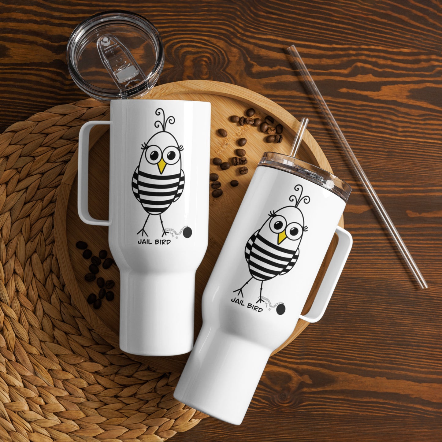 Jail Bird Travel mug with a handle from The Quirky Birds Collection