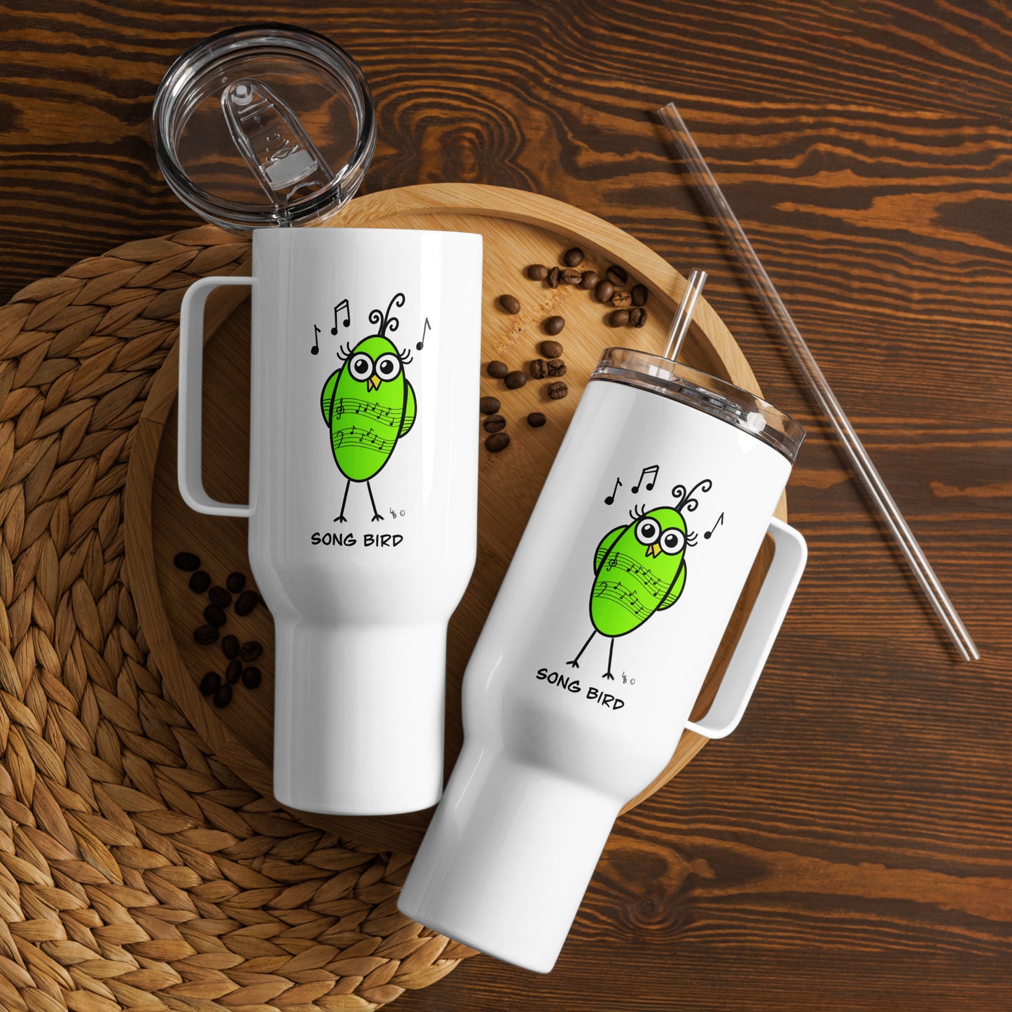 Song Bird Travel mug with a handle from The Quirky Birds Collection