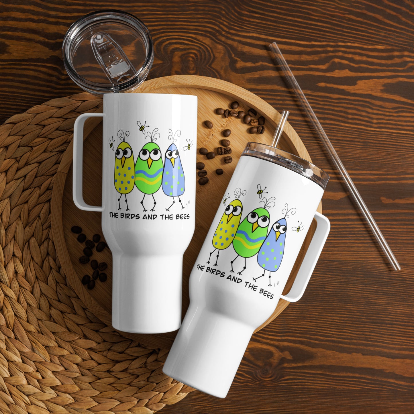 The Birds And The Bees Travel mug with a handle from The Quirky Birds Collection