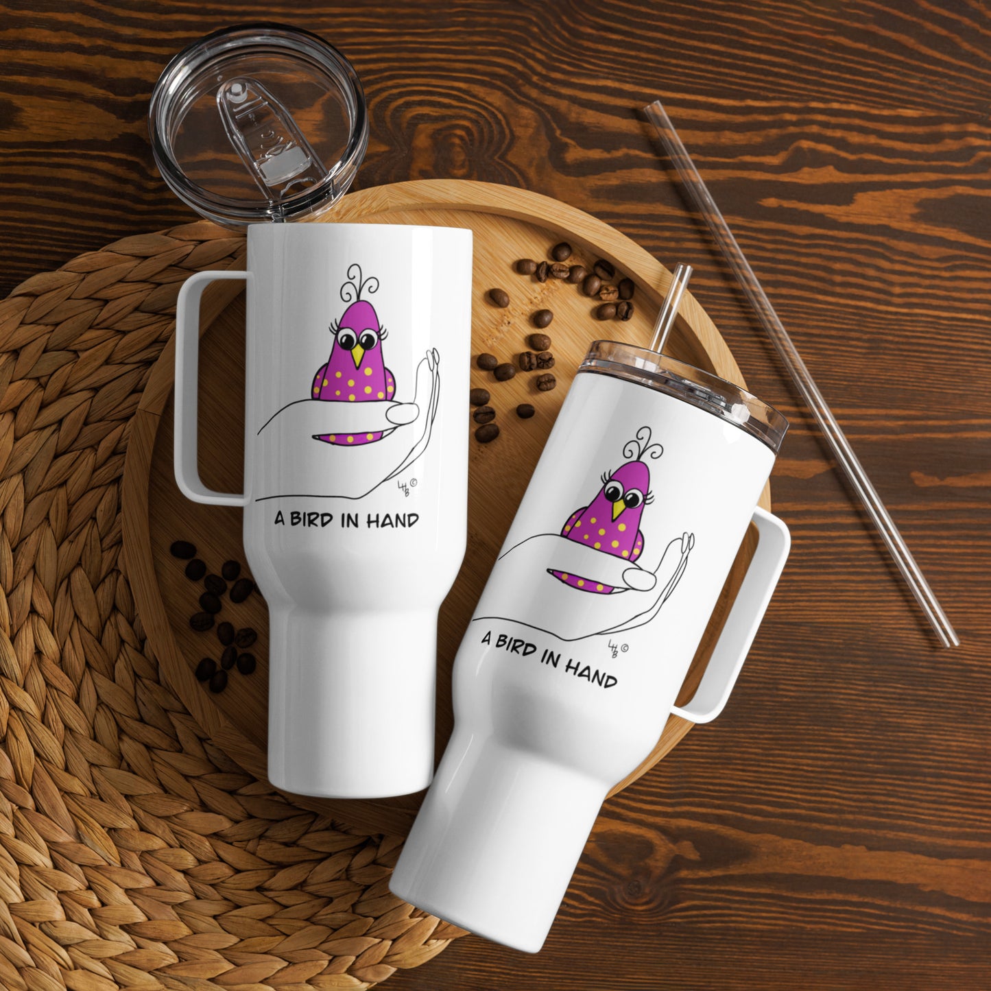 A Bird in Hand Travel mug with a handle from The Quirky Birds Collection