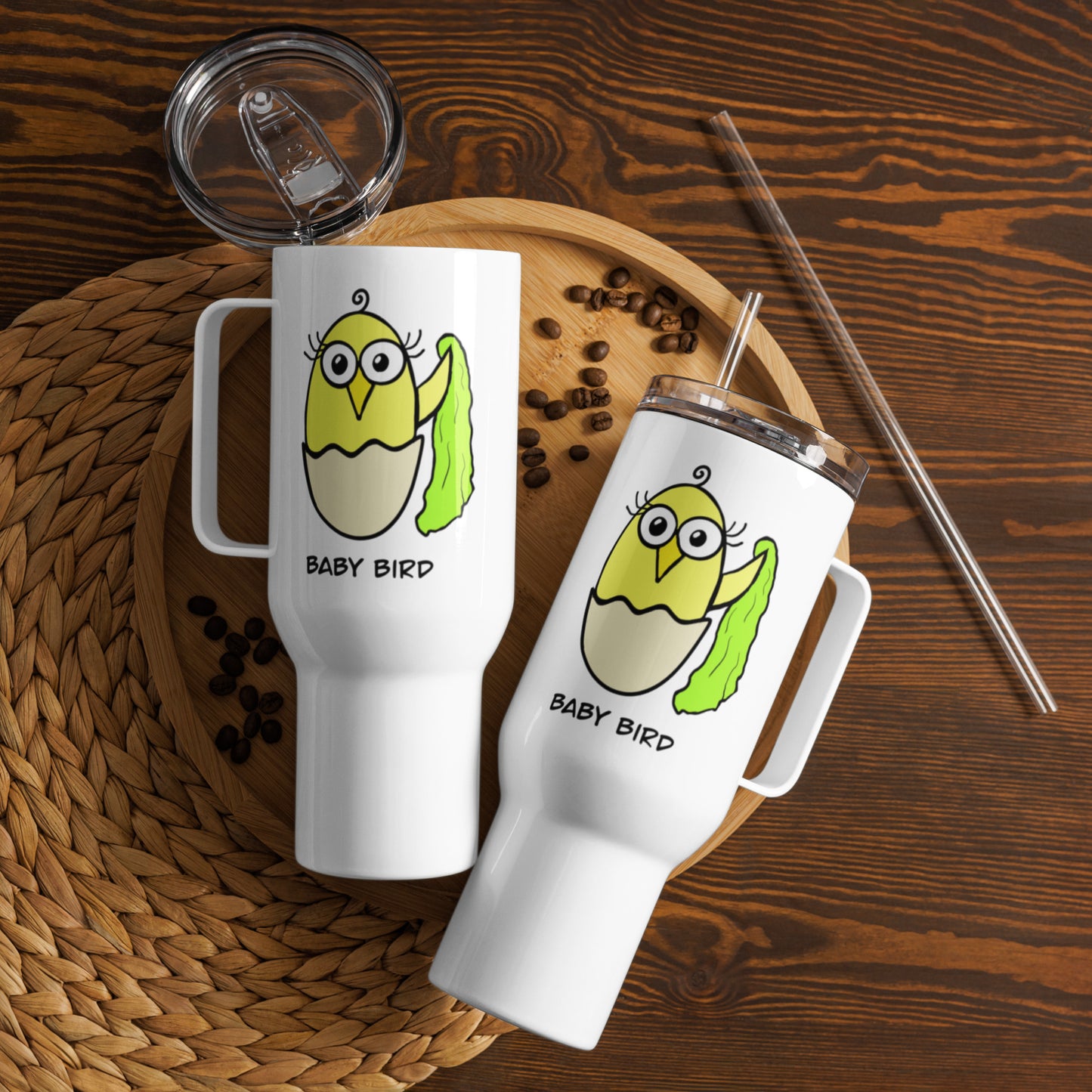 Yellow Baby Bird Travel mug with a handle from The Quirk Birds Collection