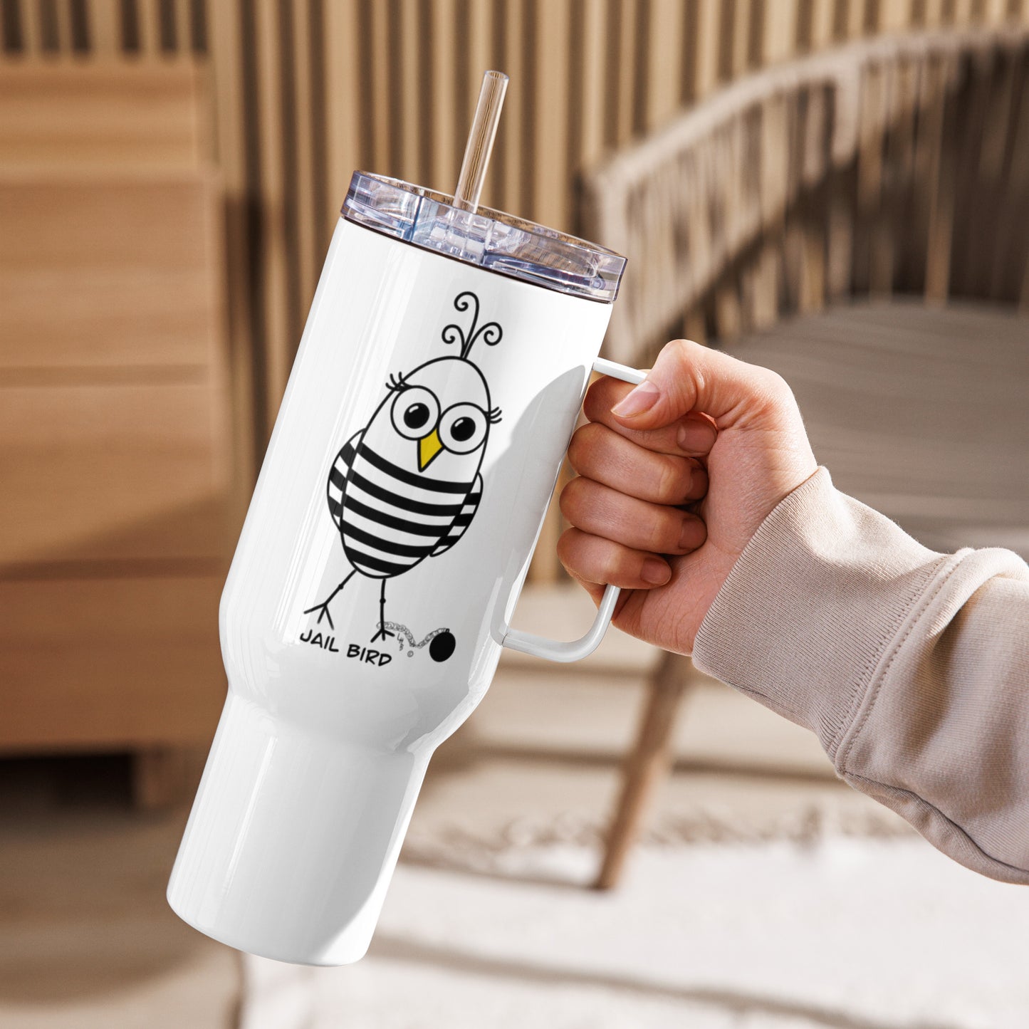 Jail Bird Travel mug with a handle from The Quirky Birds Collection