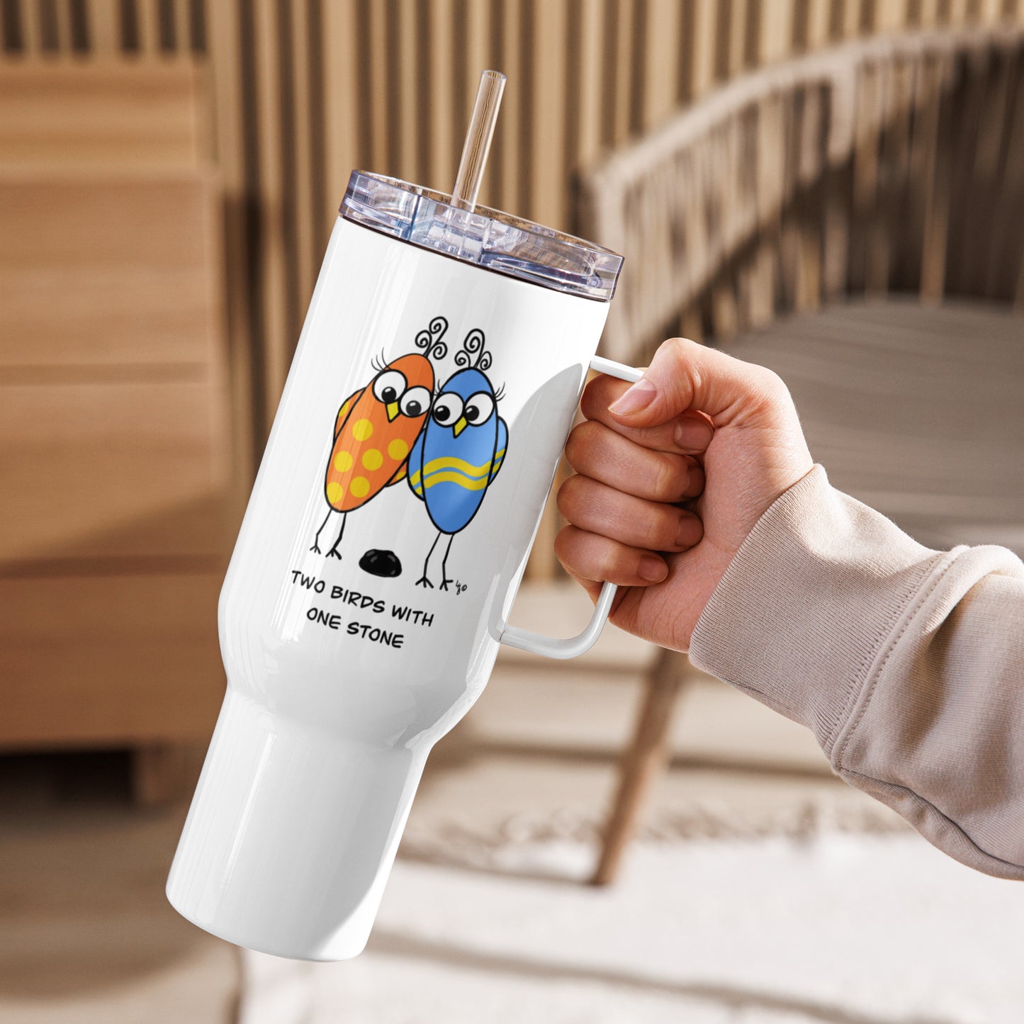 Two Birds With One Stone Travel mug with a handle from The Quirky Birds Collection