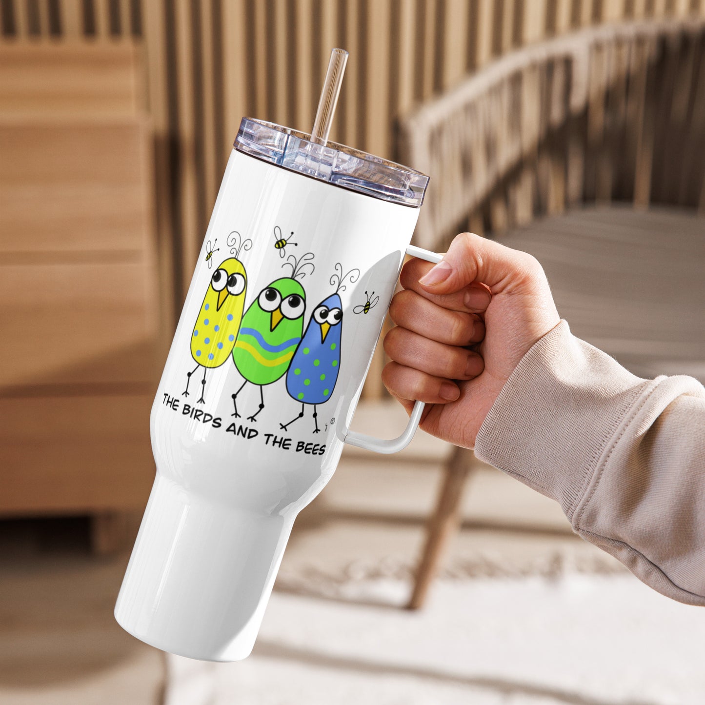 The Birds And The Bees Travel mug with a handle from The Quirky Birds Collection