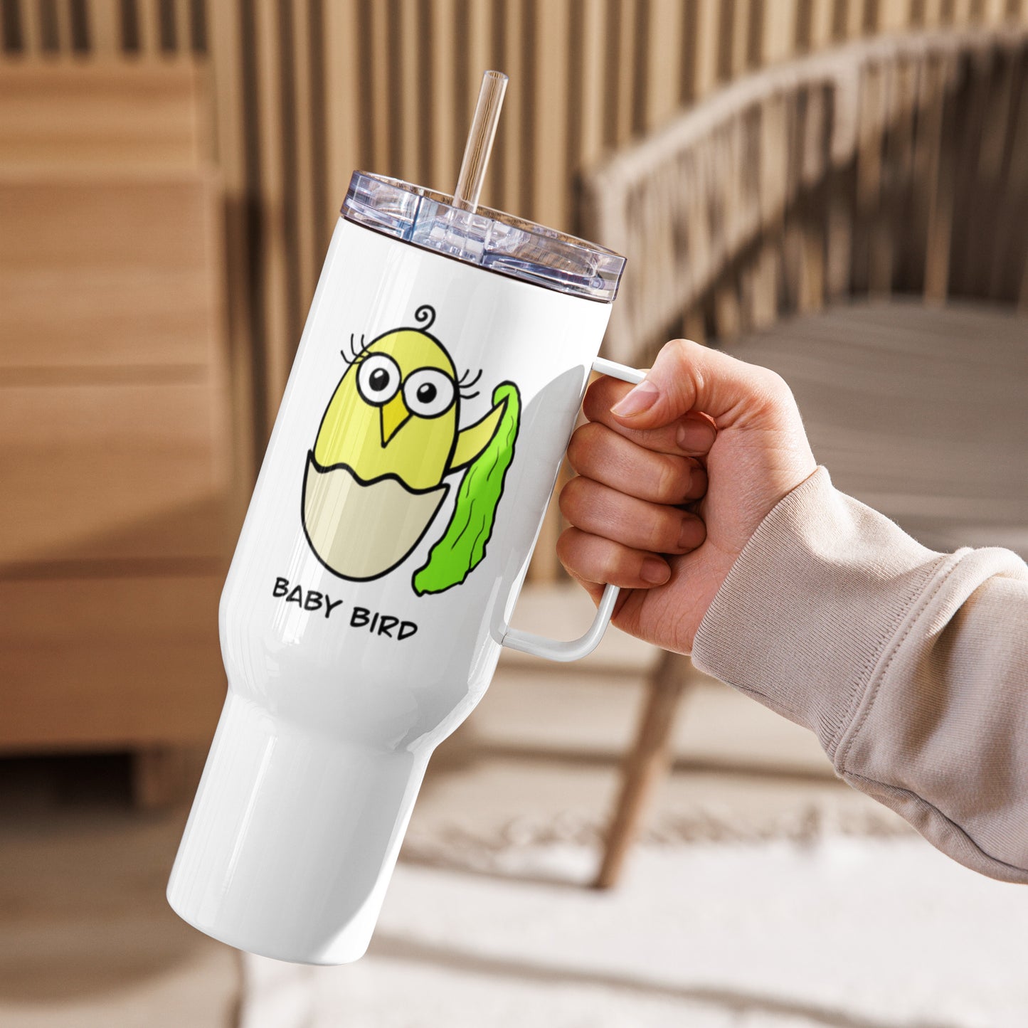 Yellow Baby Bird Travel mug with a handle from The Quirk Birds Collection