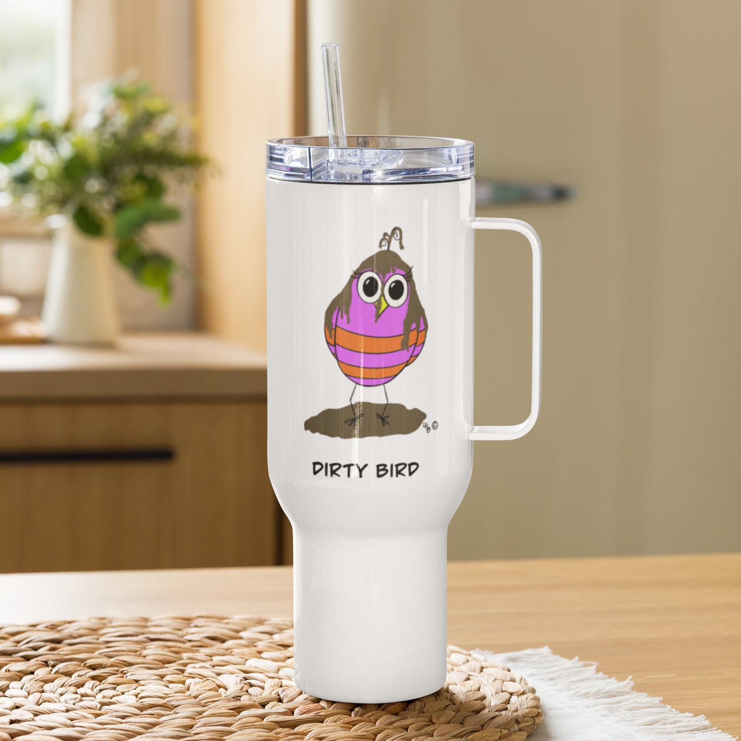 Dirty Bird Travel mug with a handle from The Quirky Birds Collection
