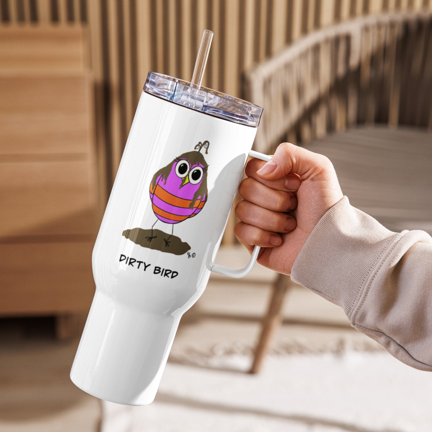 Dirty Bird Travel mug with a handle from The Quirky Birds Collection