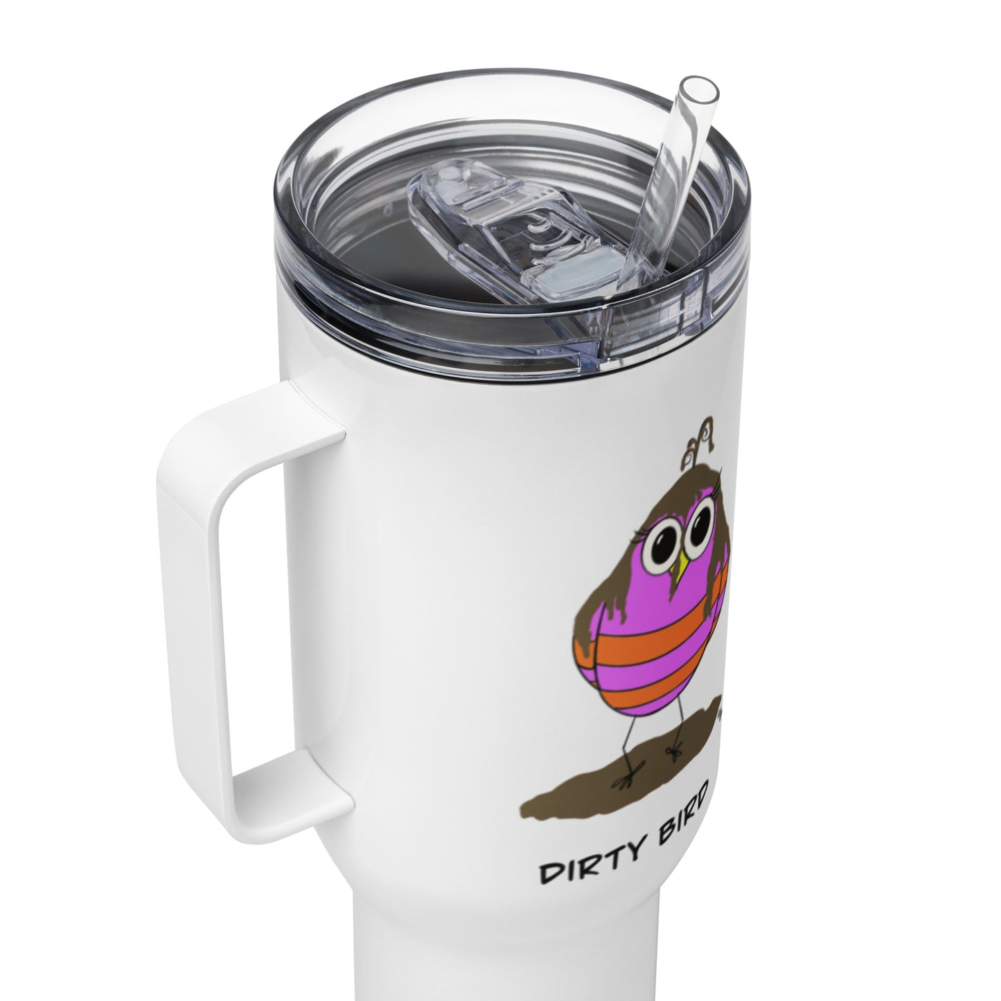 Dirty Bird Travel mug with a handle from The Quirky Birds Collection