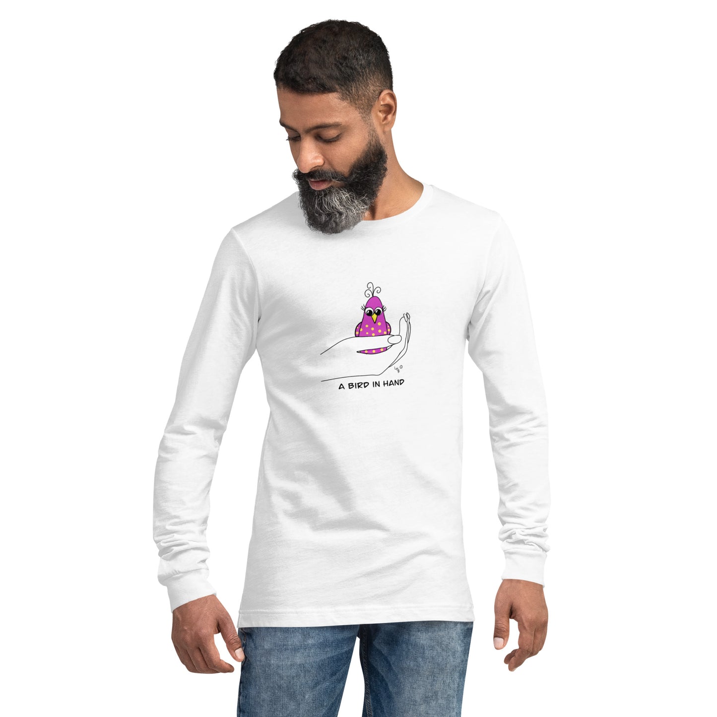 A Bird in Hand Unisex Long Sleeve Tee from The Quirky Birds Collection