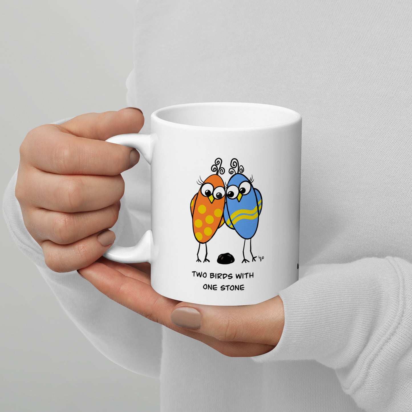 Two Birds with One Stone - White glossy mug - from The Quirky Birds Collection