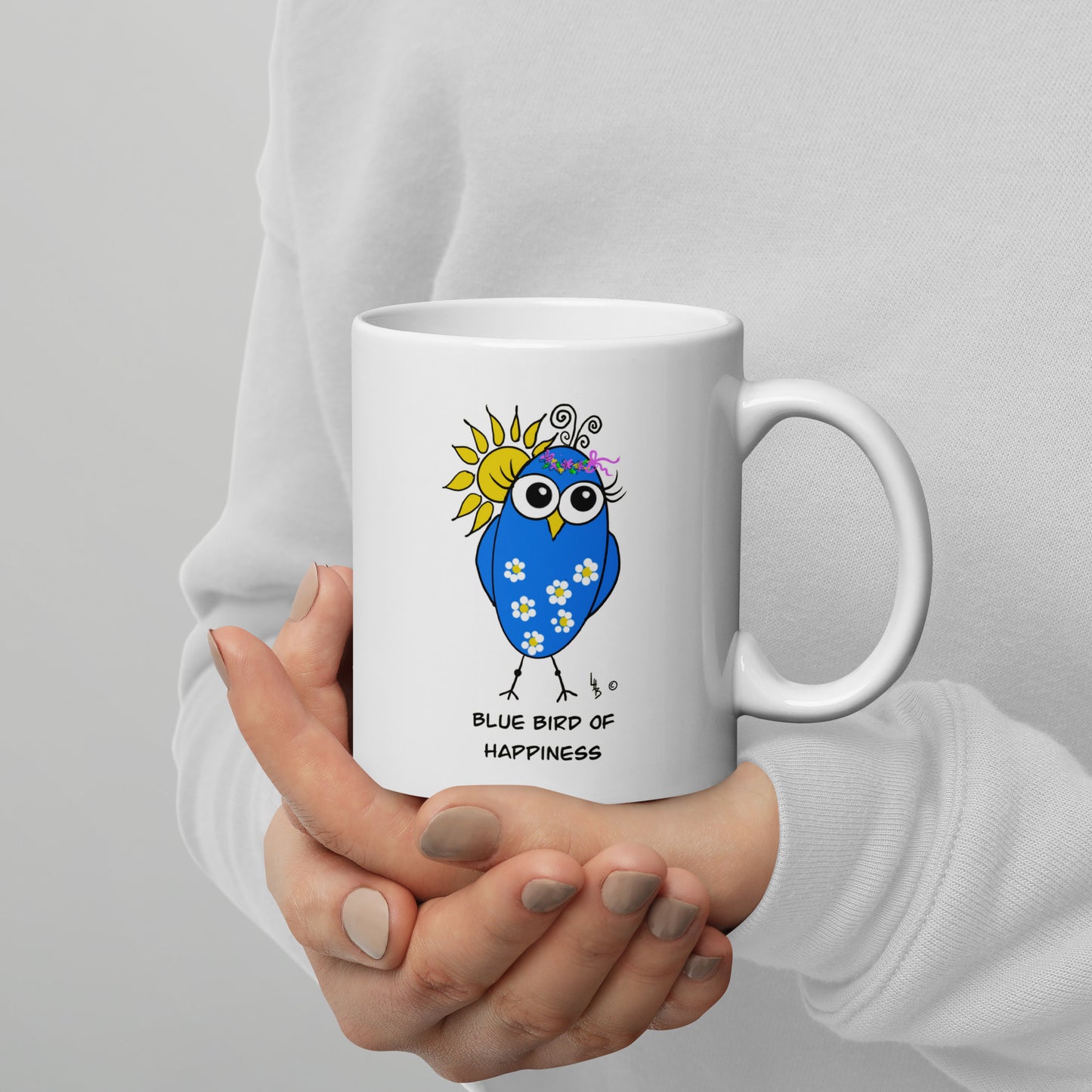 Blue Bird of Happiness White glossy mug from The Quirky Birds Collection