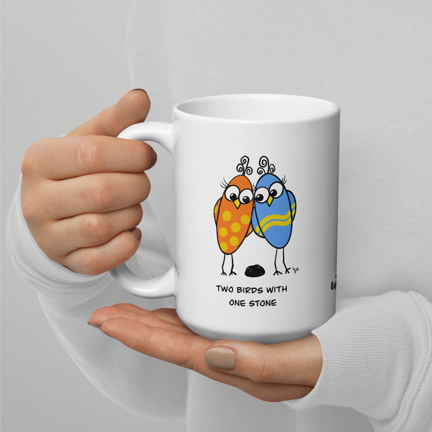 Two Birds with One Stone - White glossy mug - from The Quirky Birds Collection