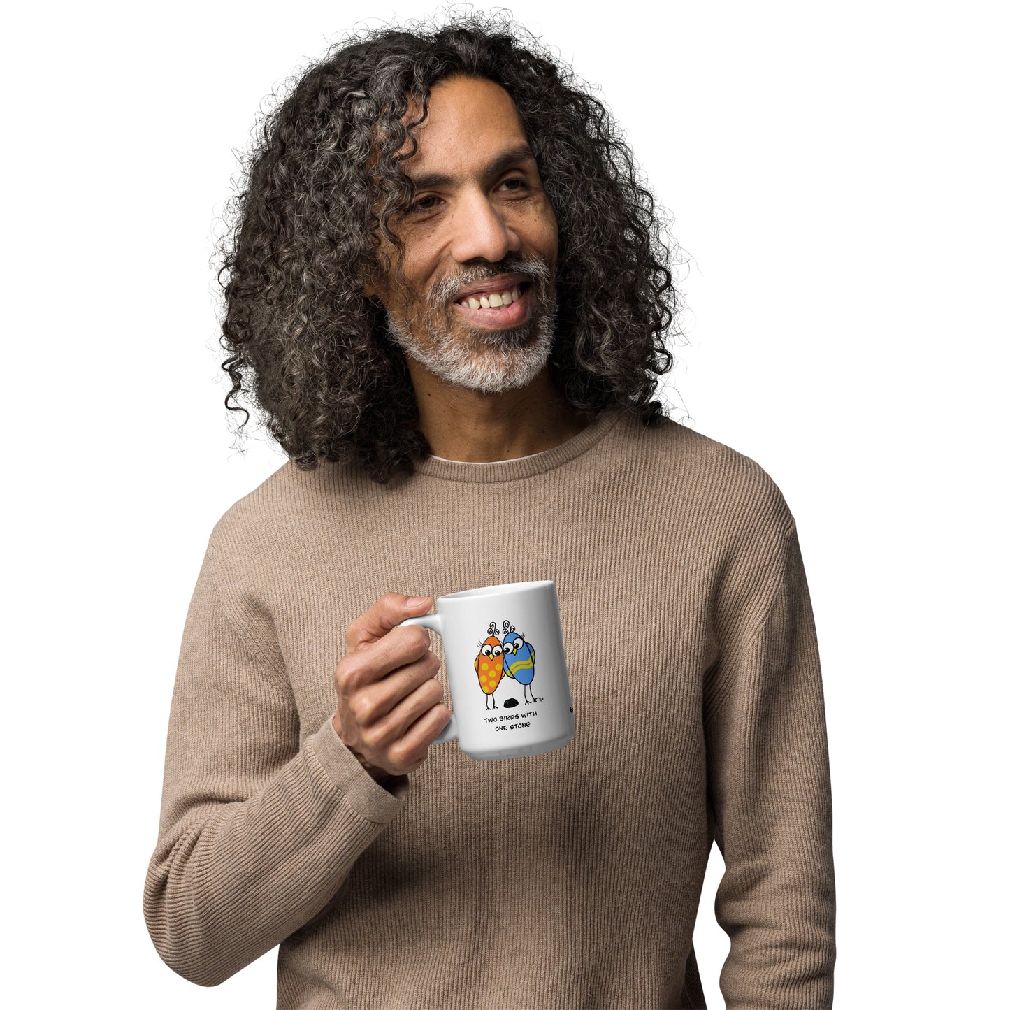 Two Birds with One Stone - White glossy mug - from The Quirky Birds Collection