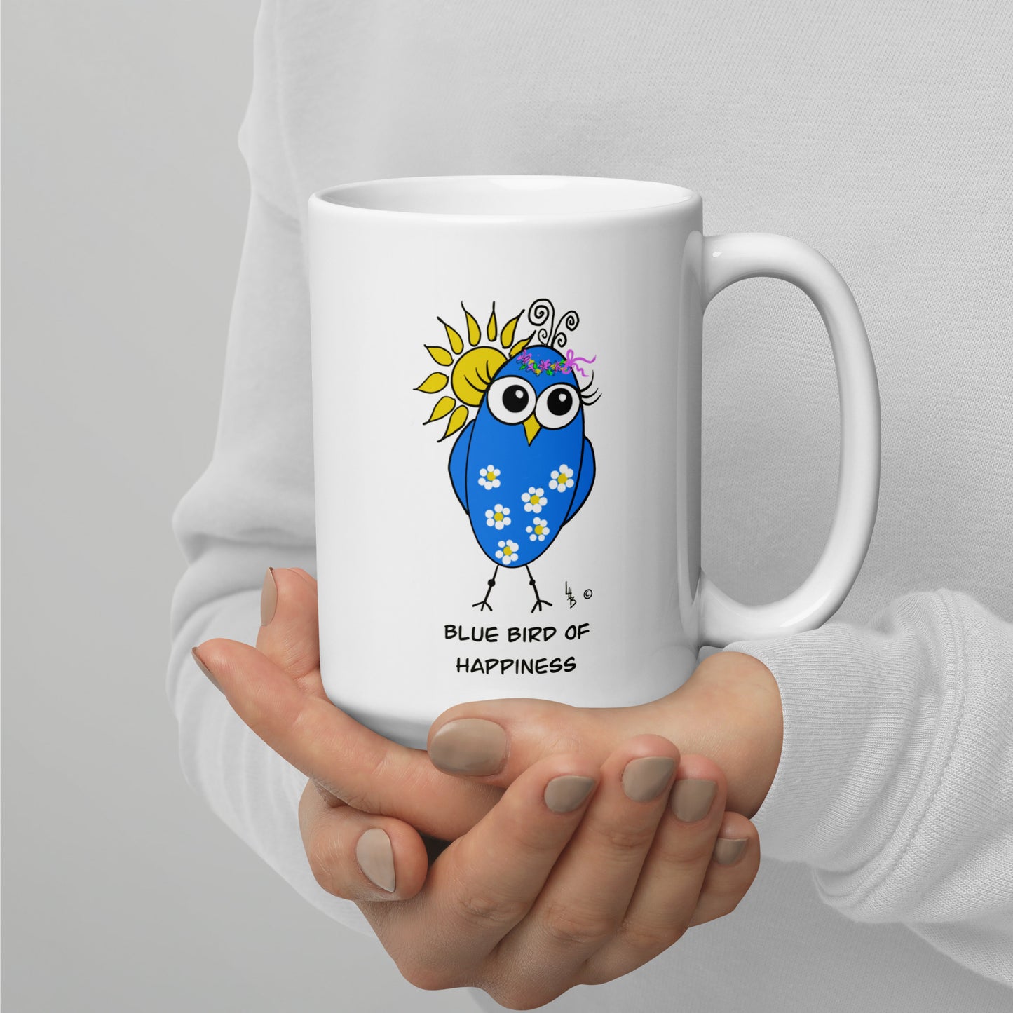 Blue Bird of Happiness White glossy mug from The Quirky Birds Collection