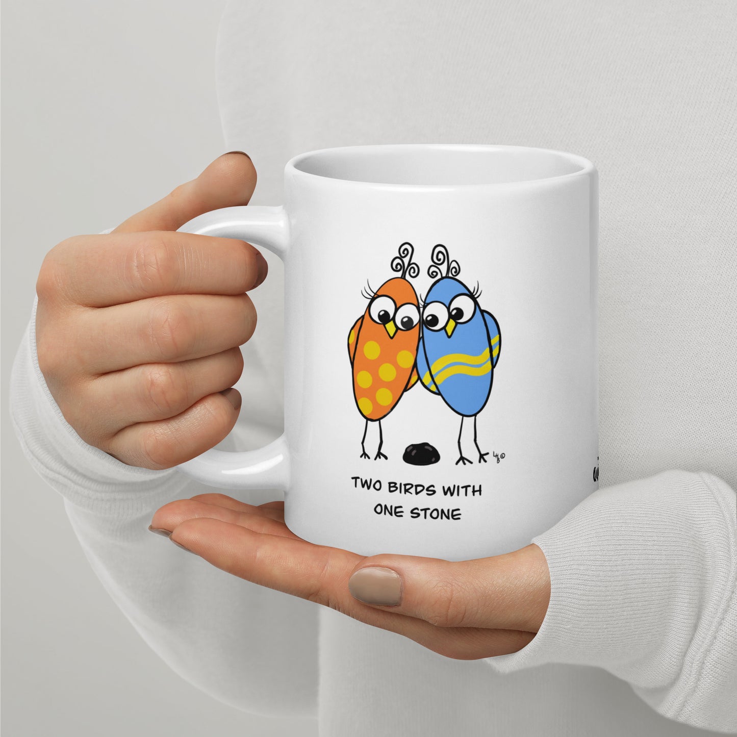 Two Birds with One Stone - White glossy mug - from The Quirky Birds Collection