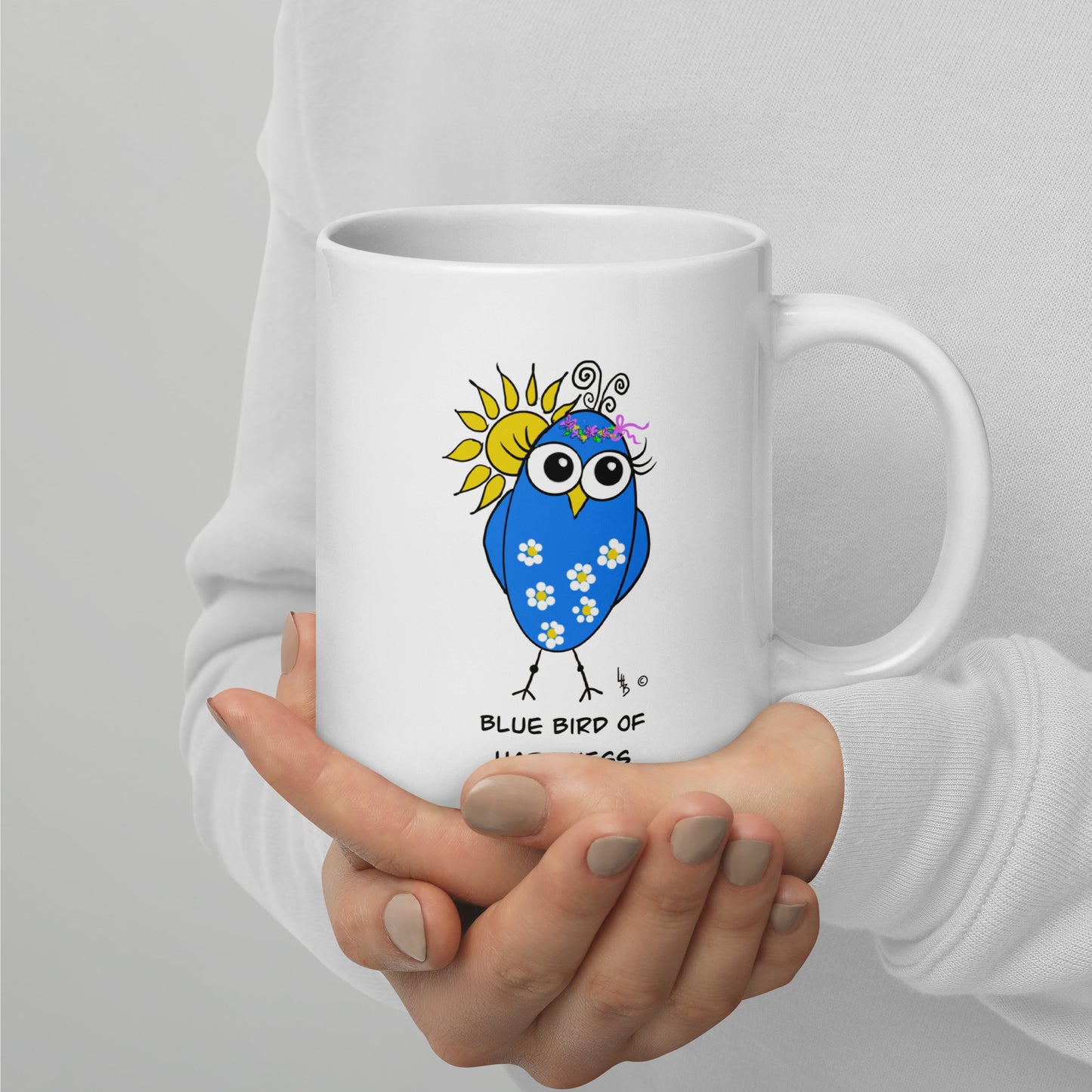 Blue Bird of Happiness White glossy mug from The Quirky Birds Collection