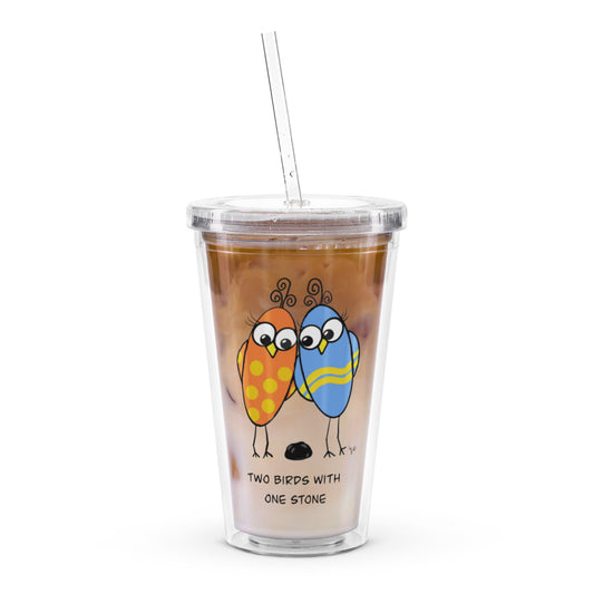 Two Birds with One Stone Clear plastic tumbler from The Quirky Birds Collection