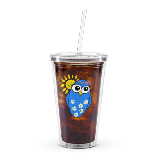 Blue Bird of Happiness Clear plastic tumbler from The Quirky Bird Collection