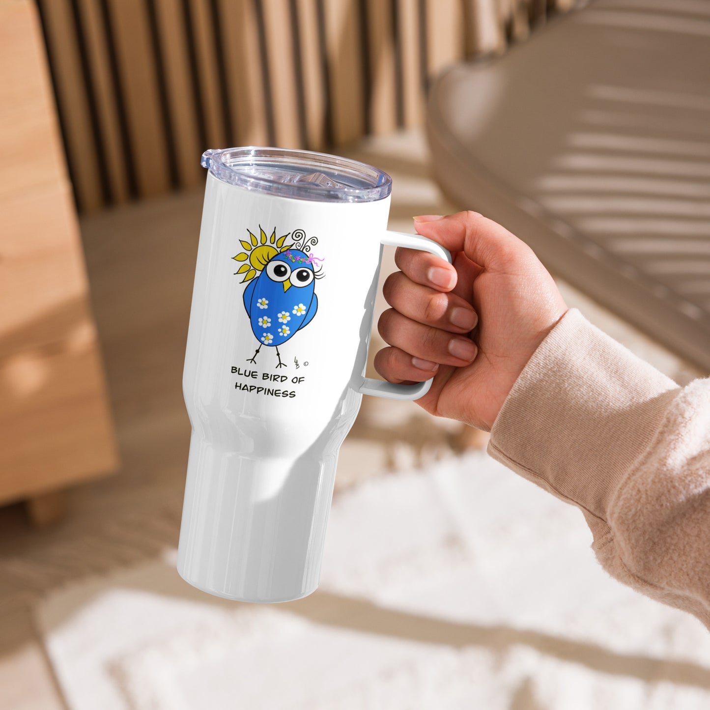 Blue Bird of Happiness Travel mug with a handle from The Quirky Birds Collection